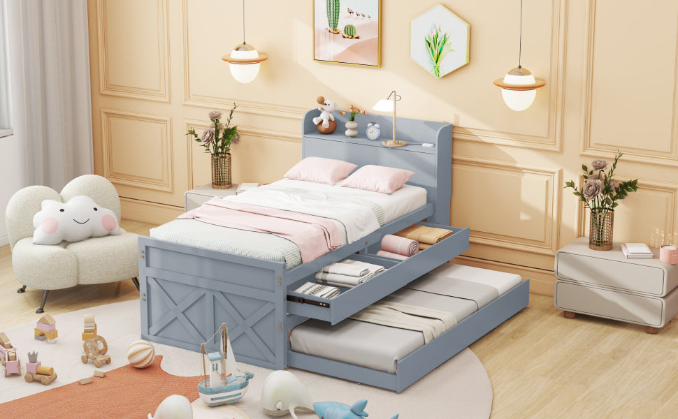 Single Bed, 90x190 Multifunctional with Drawer & USB, Gray Pine