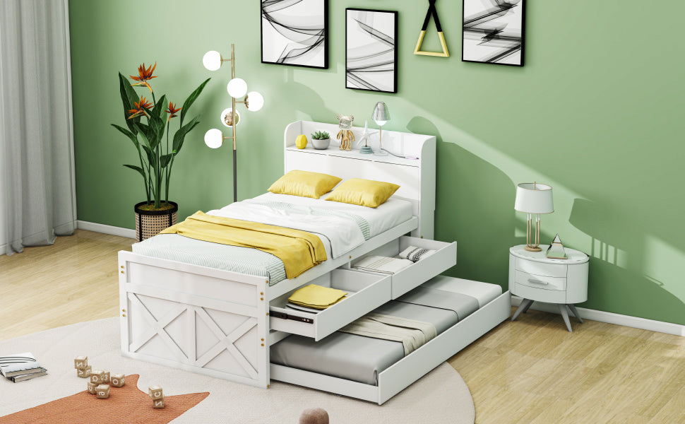 Single Bed, 90x190 Multifunctional with Drawer & USB Bedside Table, White Pine