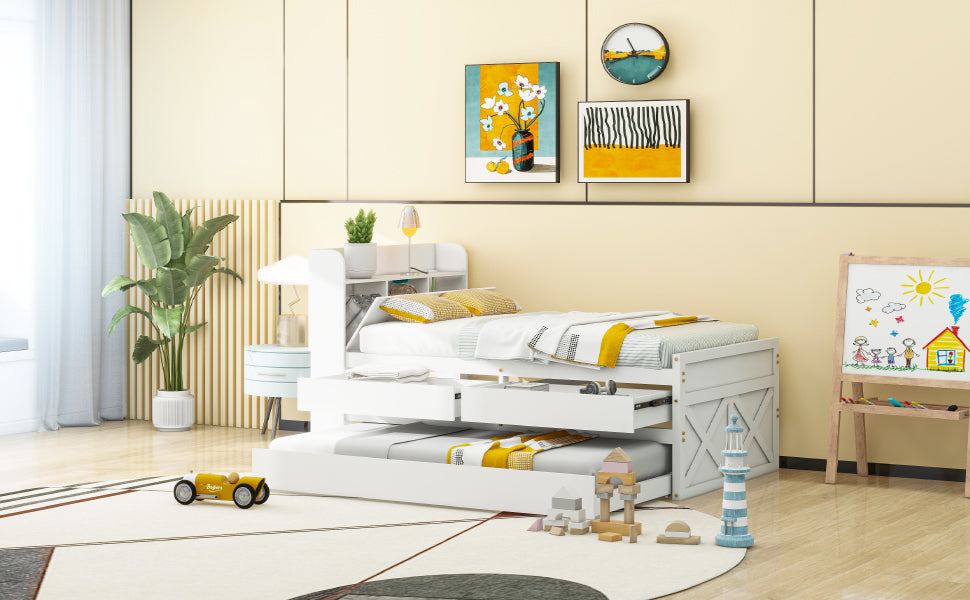 Single Bed, 90x190 Multifunctional with Drawer & USB Bedside Table, White Pine