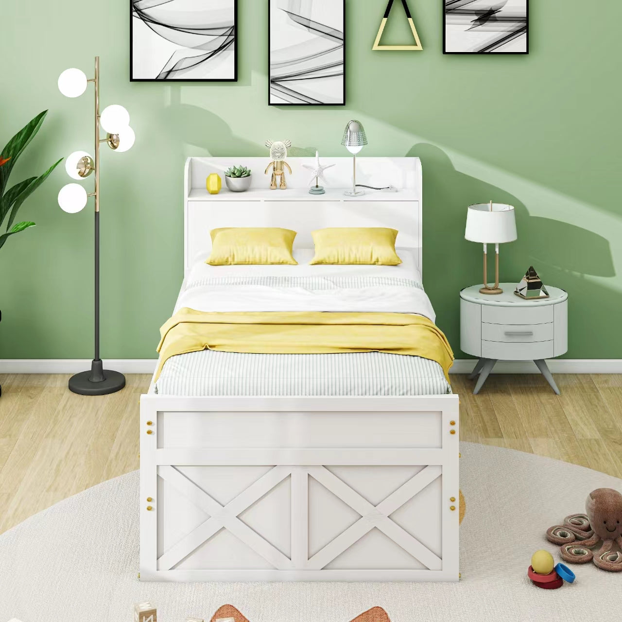Single Bed, 90x190 Multifunctional with Drawer & USB Bedside Table, White Pine