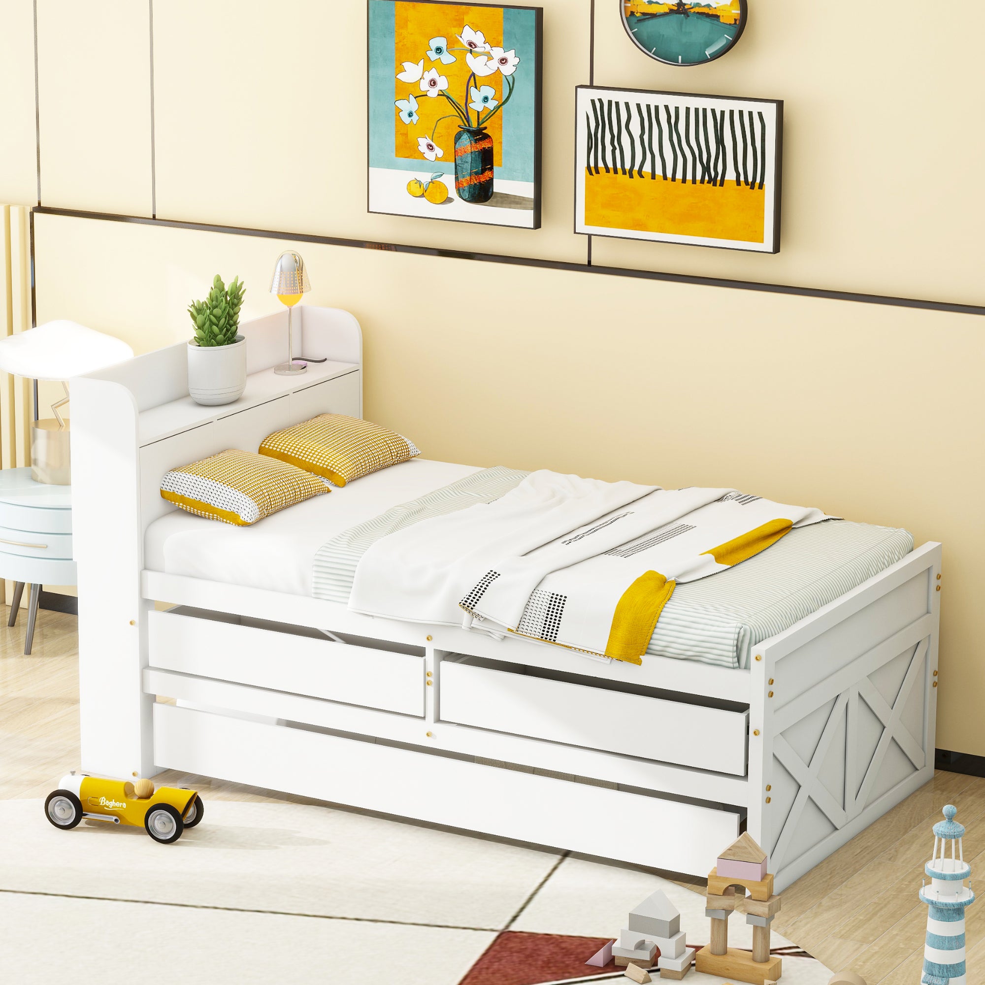 Single Bed, 90x190 Multifunctional with Drawer & USB Bedside Table, White Pine