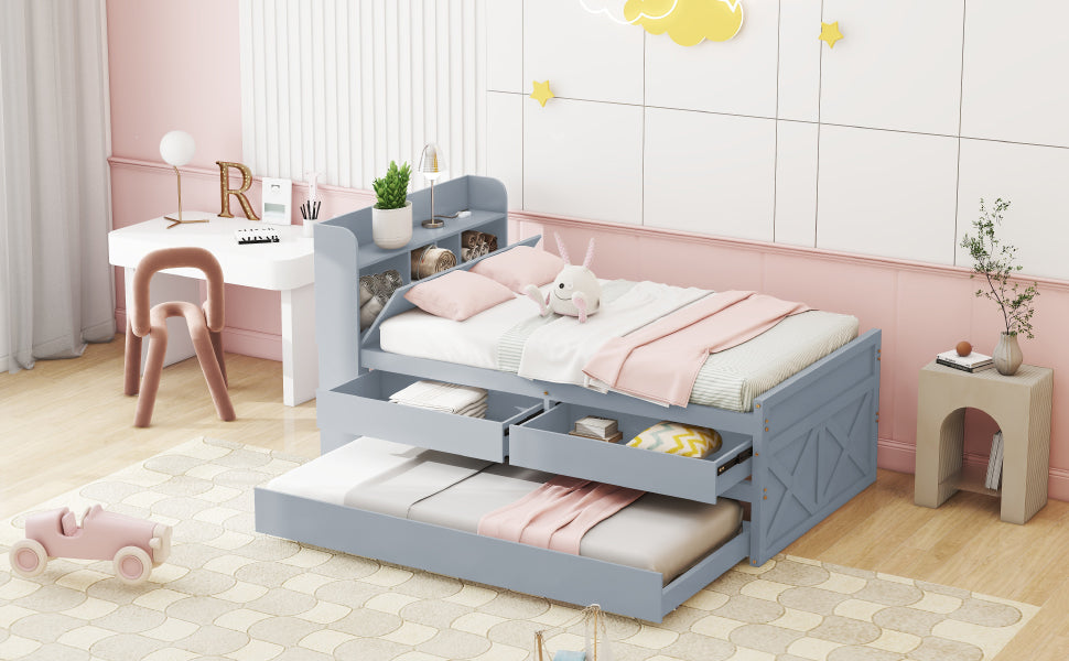 Single Bed, 90x190 Multifunctional with Drawer & USB, Gray Pine