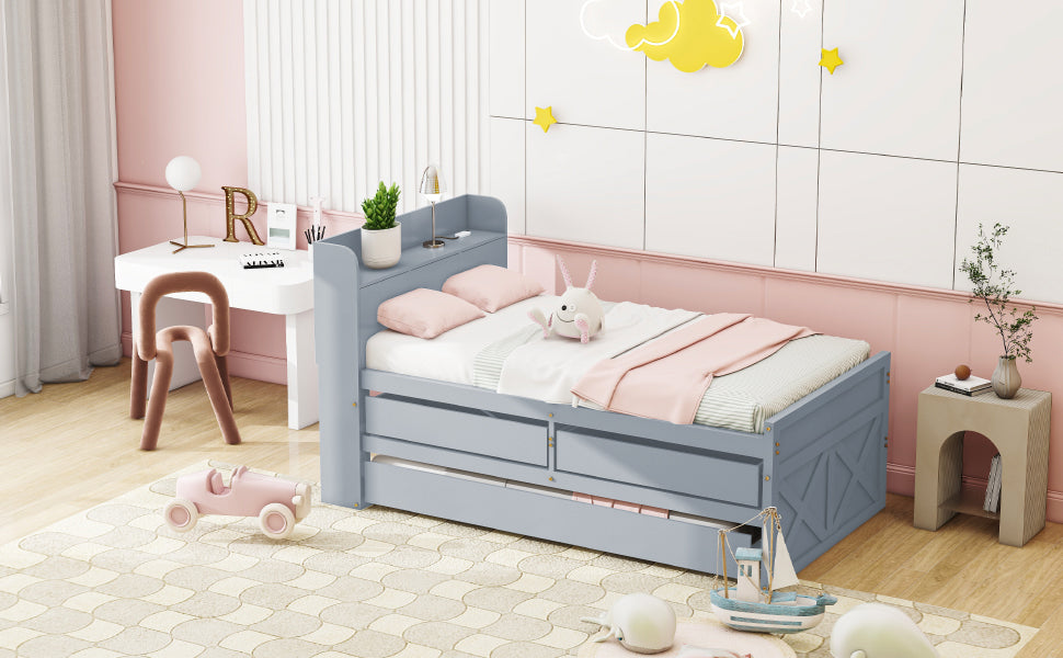 Single Bed, 90x190 Multifunctional with Drawer & USB, Gray Pine