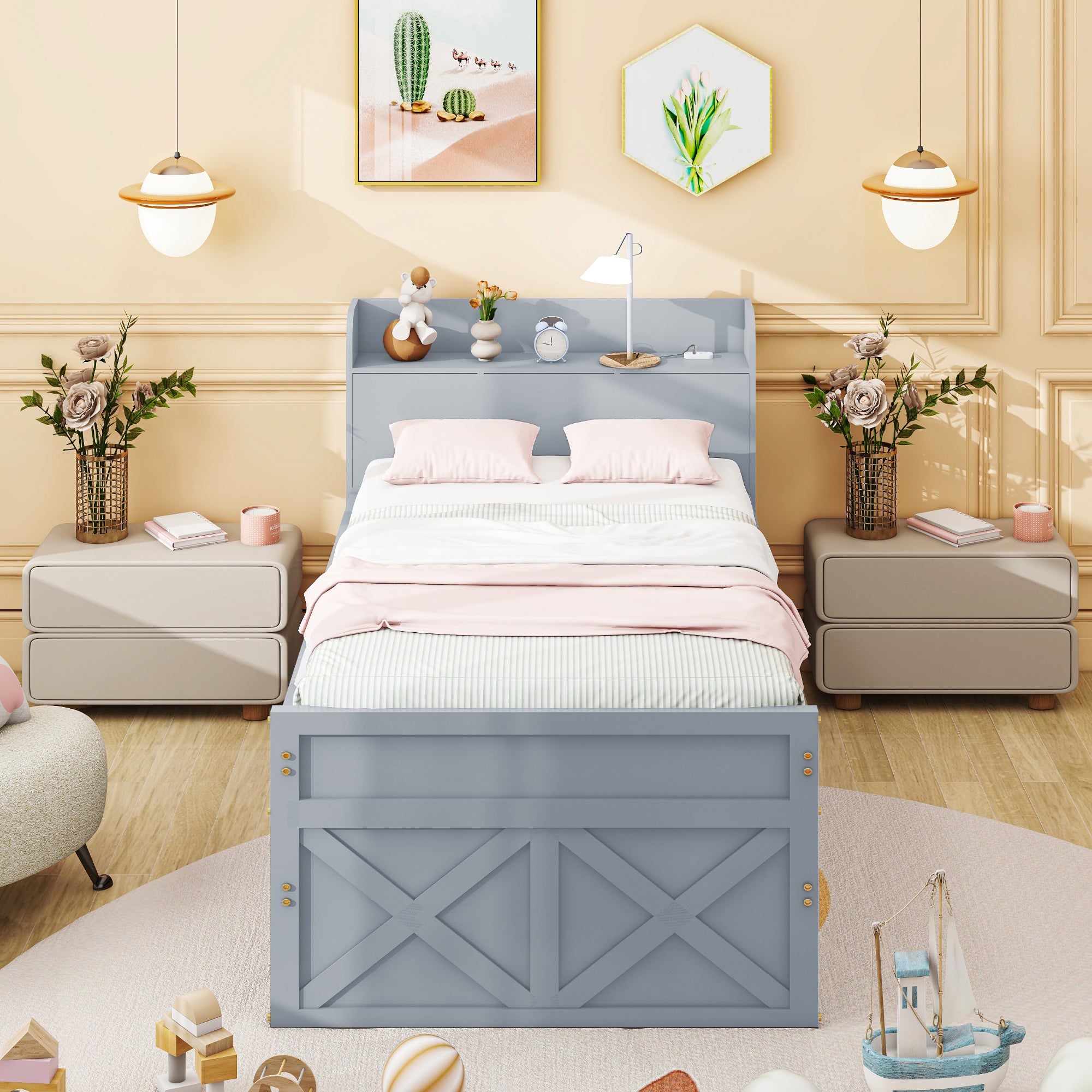 Single Bed, 90x190 Multifunctional with Drawer & USB, Gray Pine