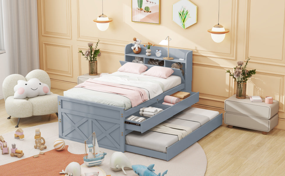 Single Bed, 90x190 Multifunctional with Drawer & USB, Gray Pine