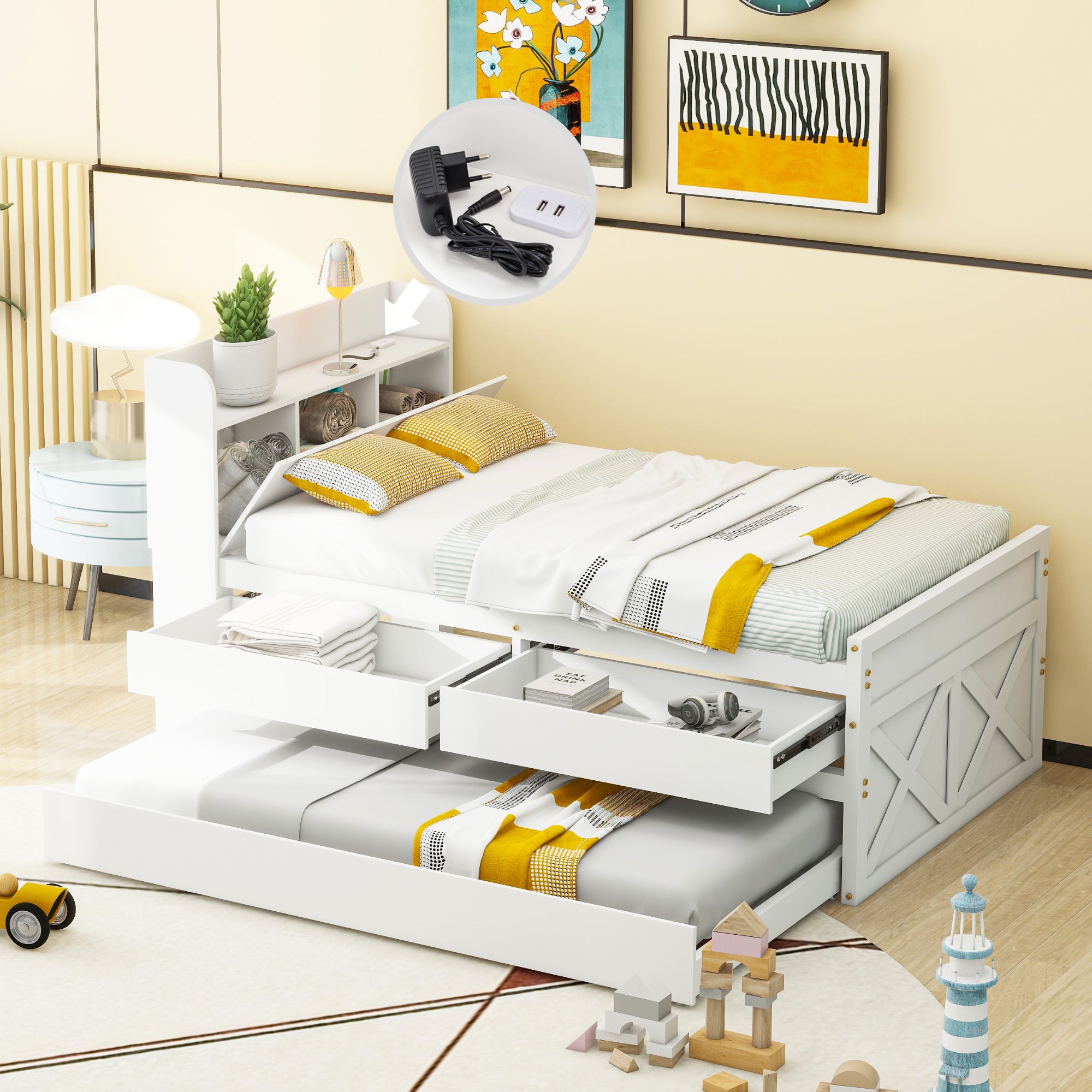 Single Bed, 90x190 Multifunctional with Drawer & USB Bedside Table, White Pine