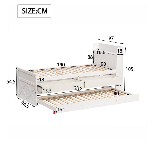 Single Bed 90x190cm Multifunctional Pull-out Drawer Bedside Table USB - Solid Pine Wood White