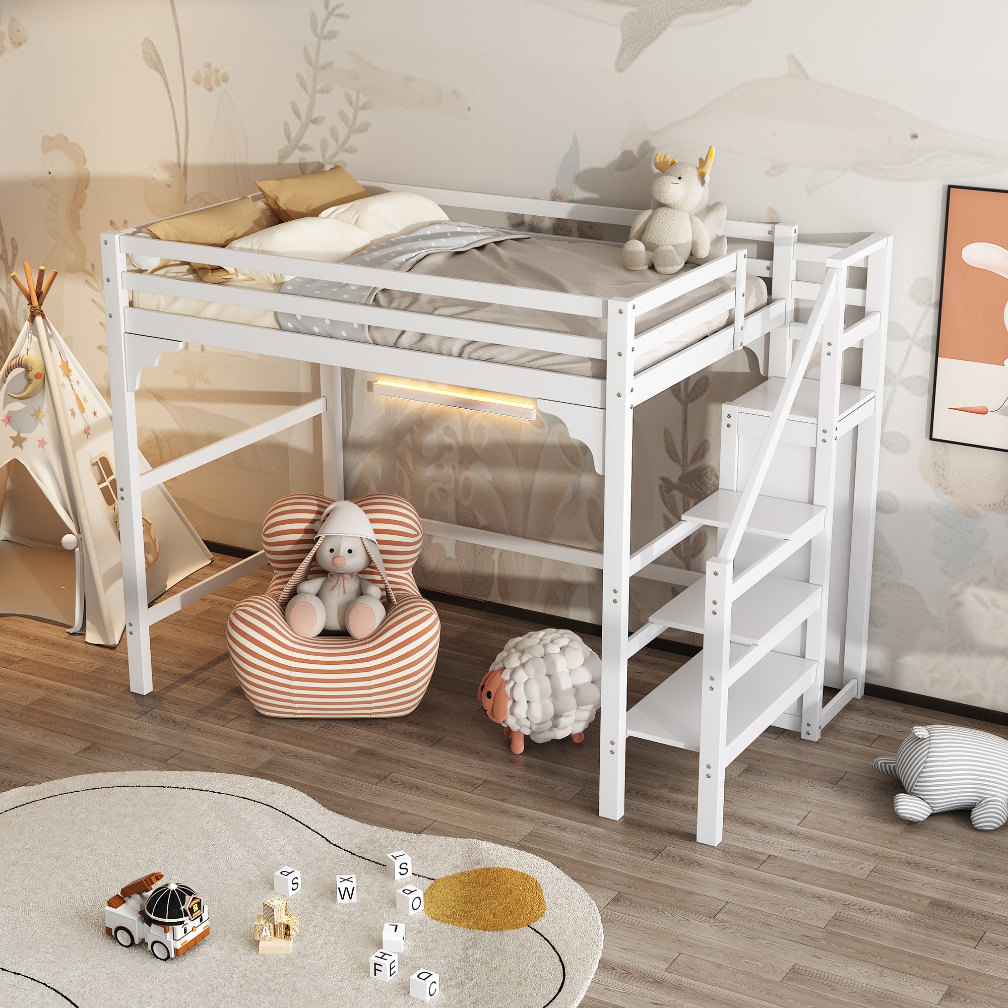 Loft Bed 140x200cm Steps Wardrobe Storage - White