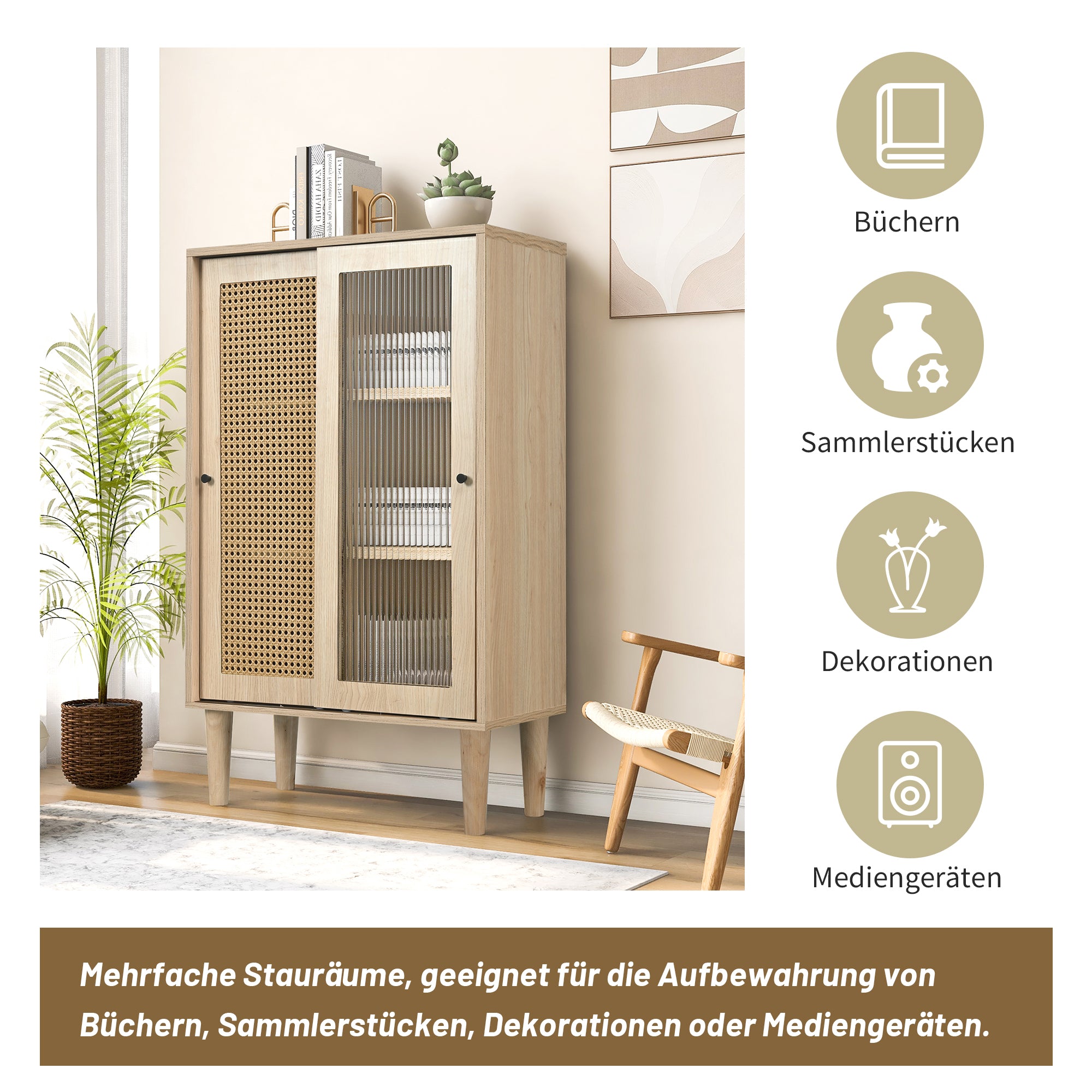 Sideboard, 100cm high, 6 compartments, wood with plastic rattan and glass