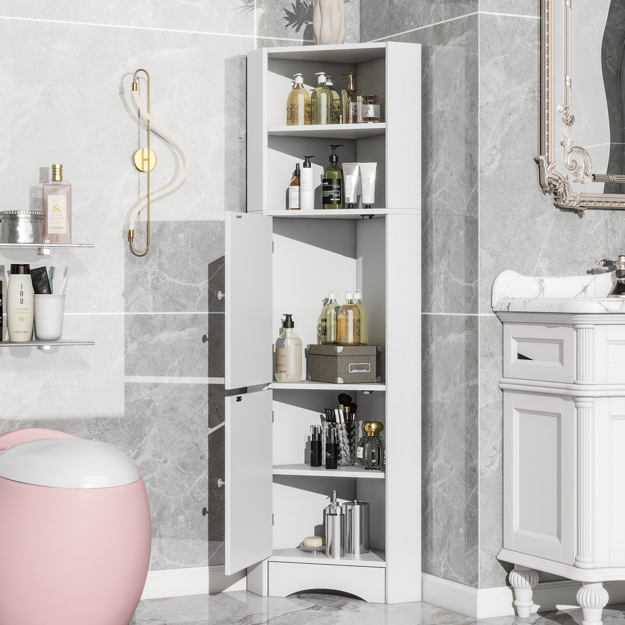 Bathroom Cabinet, Corner with Adjustable Shelf & Storage, White