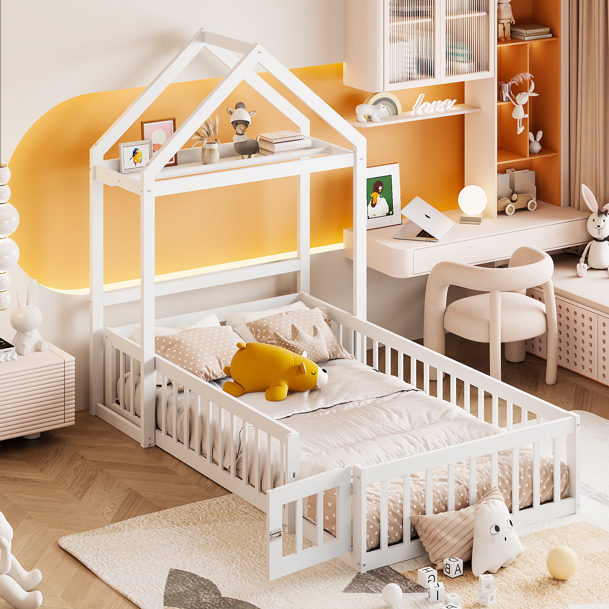 Children's Bed 90x200, Solid Wood Frame with Storage, Full Safety Gate & Slatted Frame, White