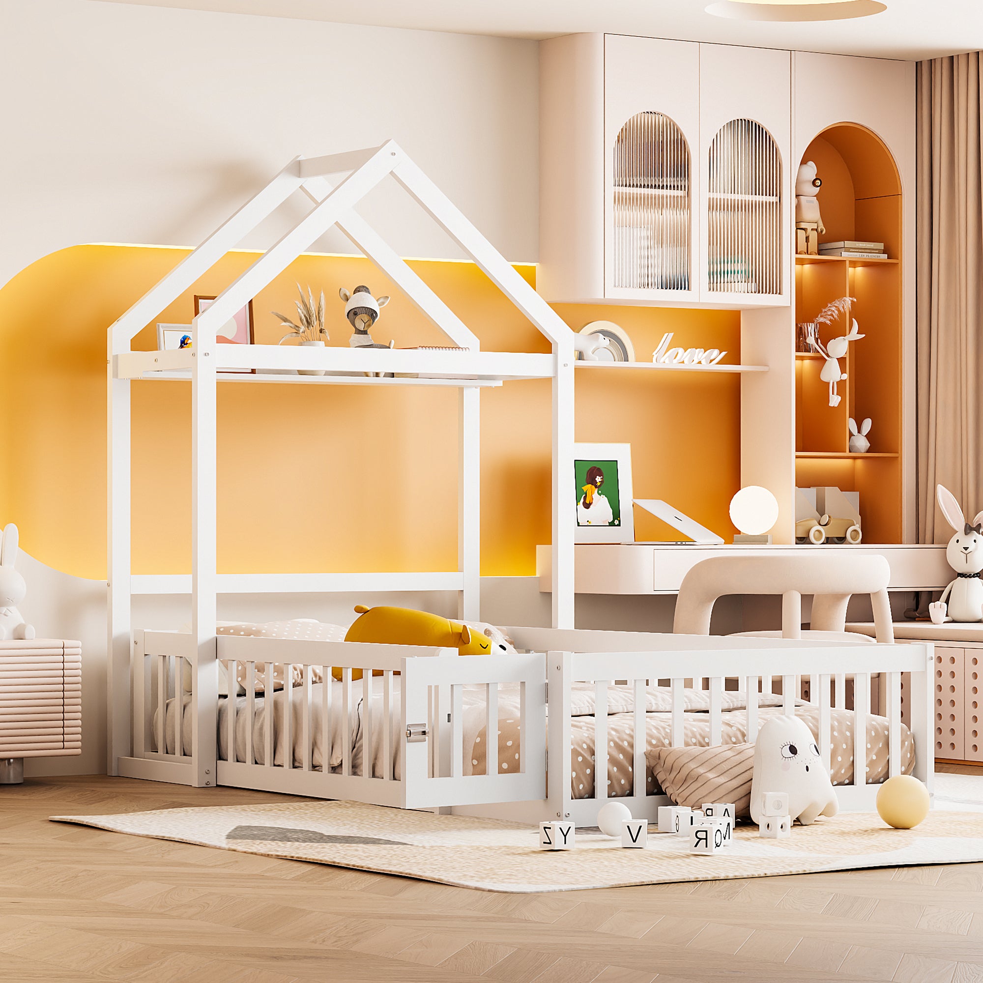 Children's Bed 90x200, Solid Wood Frame with Storage, Full Safety Gate & Slatted Frame, White