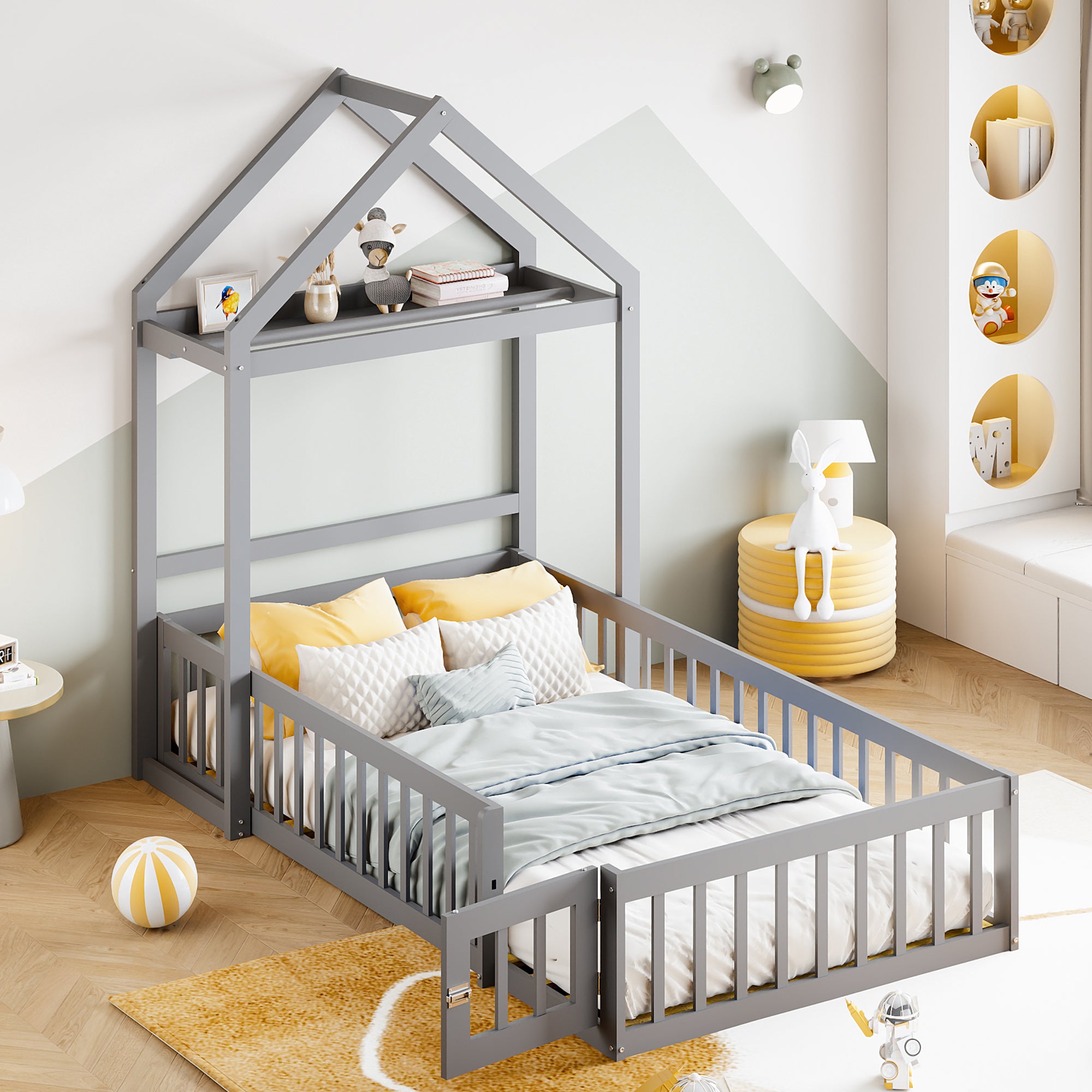 Children's Bed Frame 90x200cm, Solid Wood with Storage & Safety Gate, Grey
