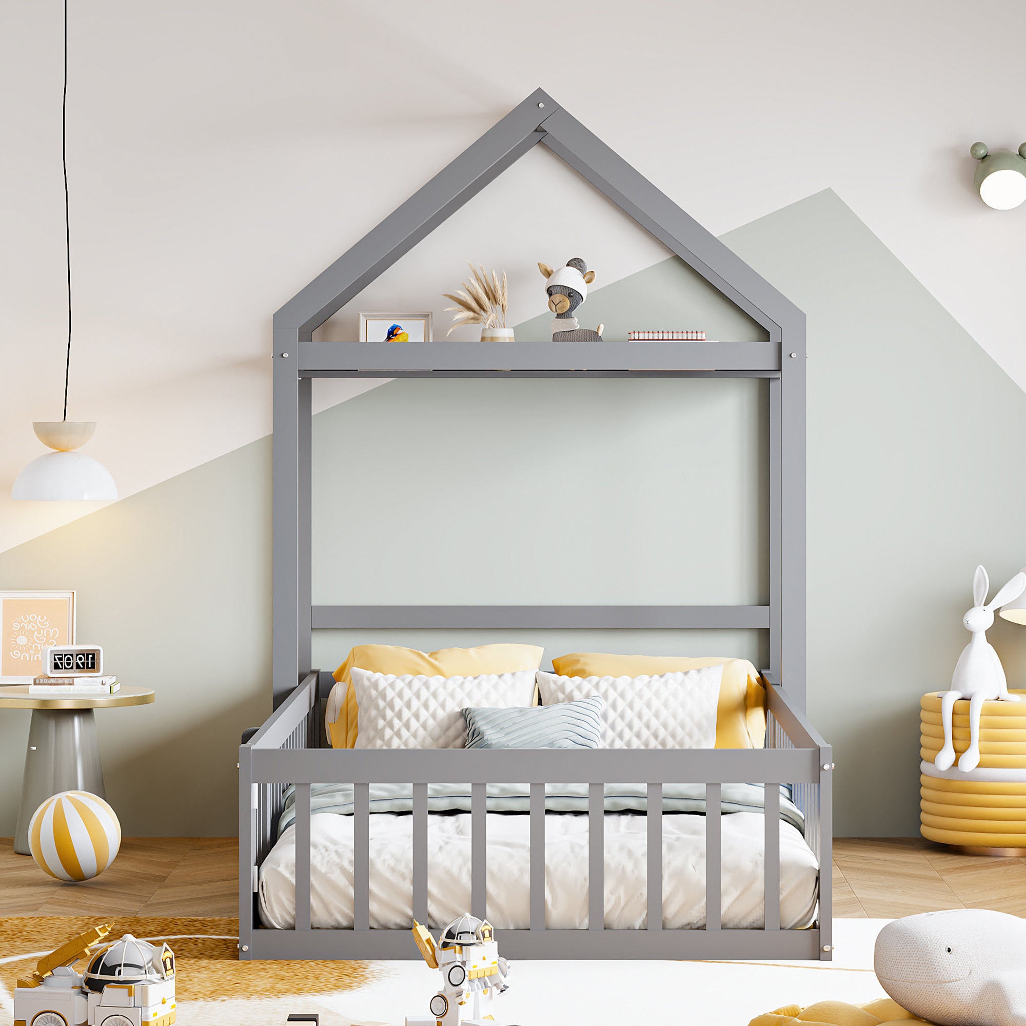 Children's Bed Frame 90x200cm, Solid Wood with Storage & Safety Gate, Grey