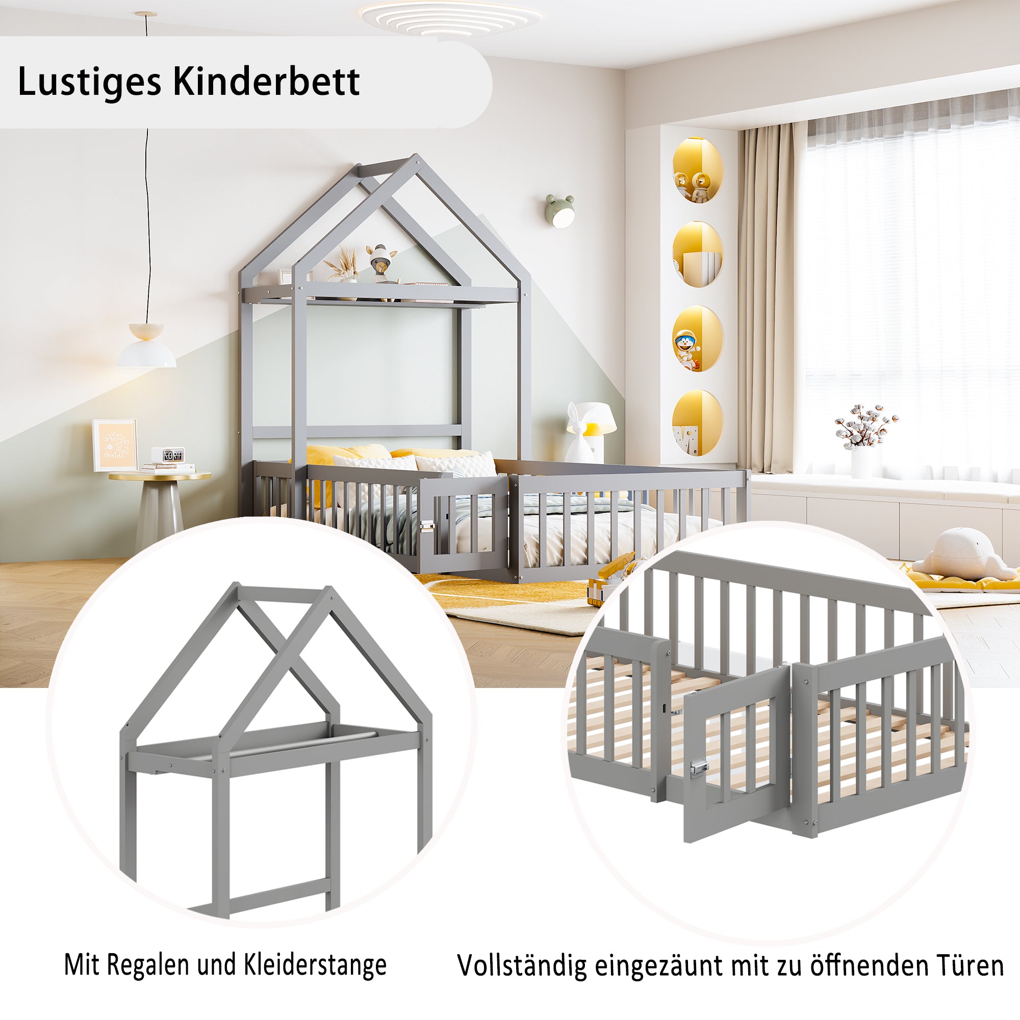 Children's Bed Frame 90x200cm, Solid Wood with Storage & Safety Gate, Grey