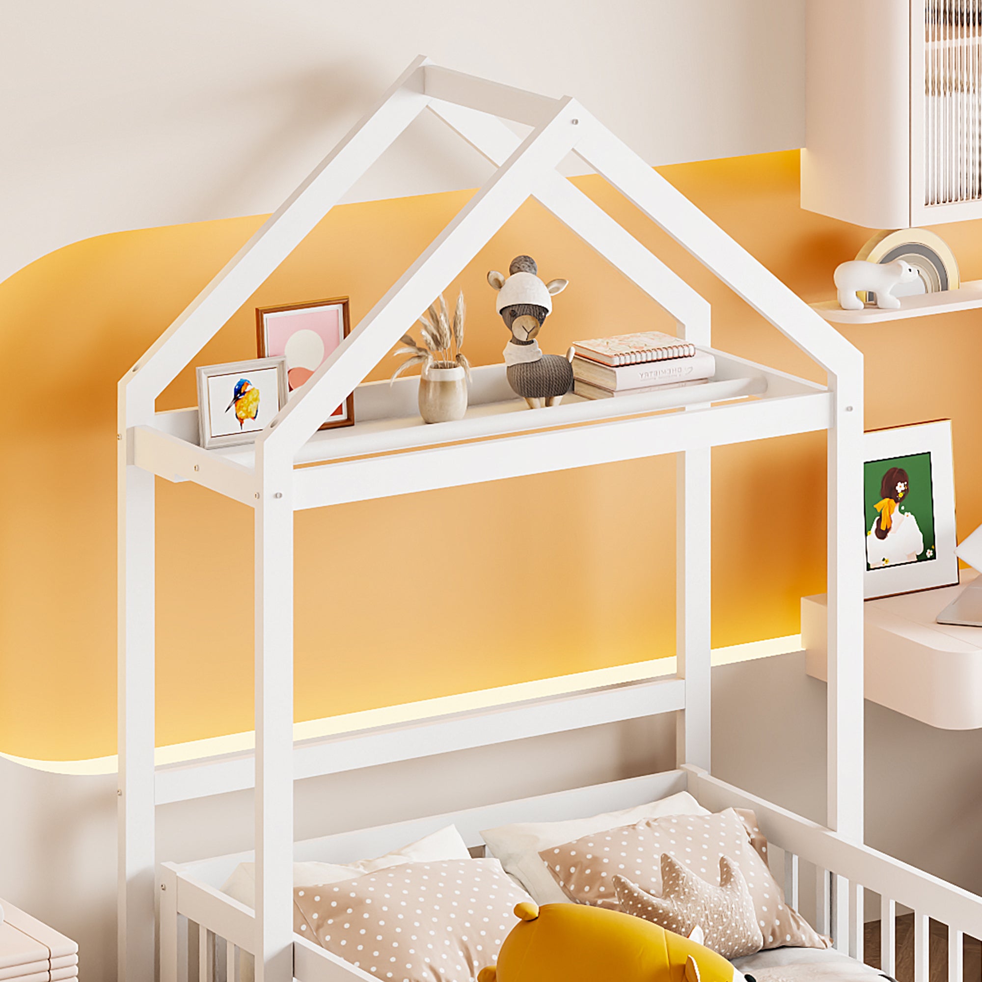 Children's Bed 90x200, Solid Wood Frame with Storage, Full Safety Gate & Slatted Frame, White