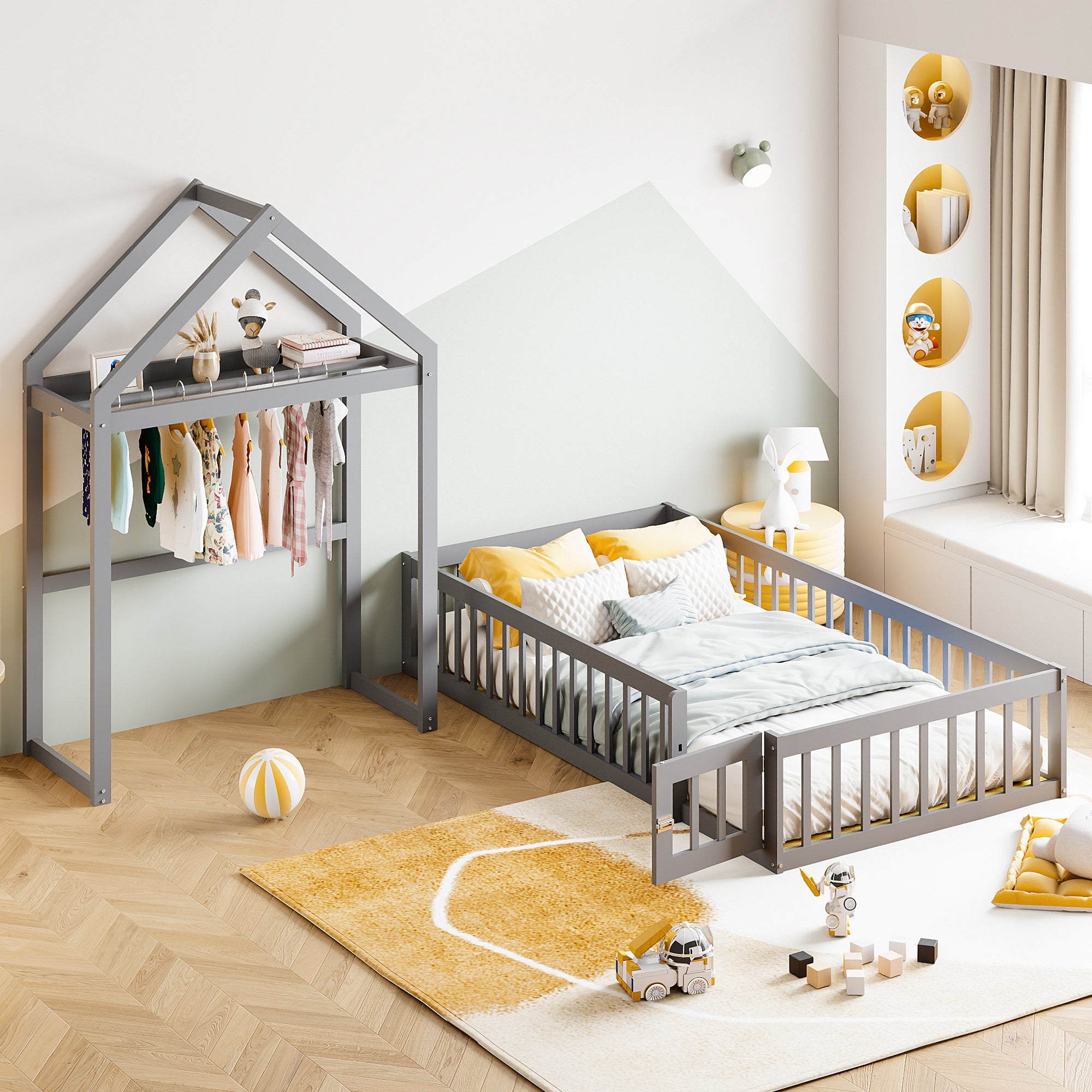 Children's Bed Frame 90x200cm, Solid Wood with Storage & Safety Gate, Grey