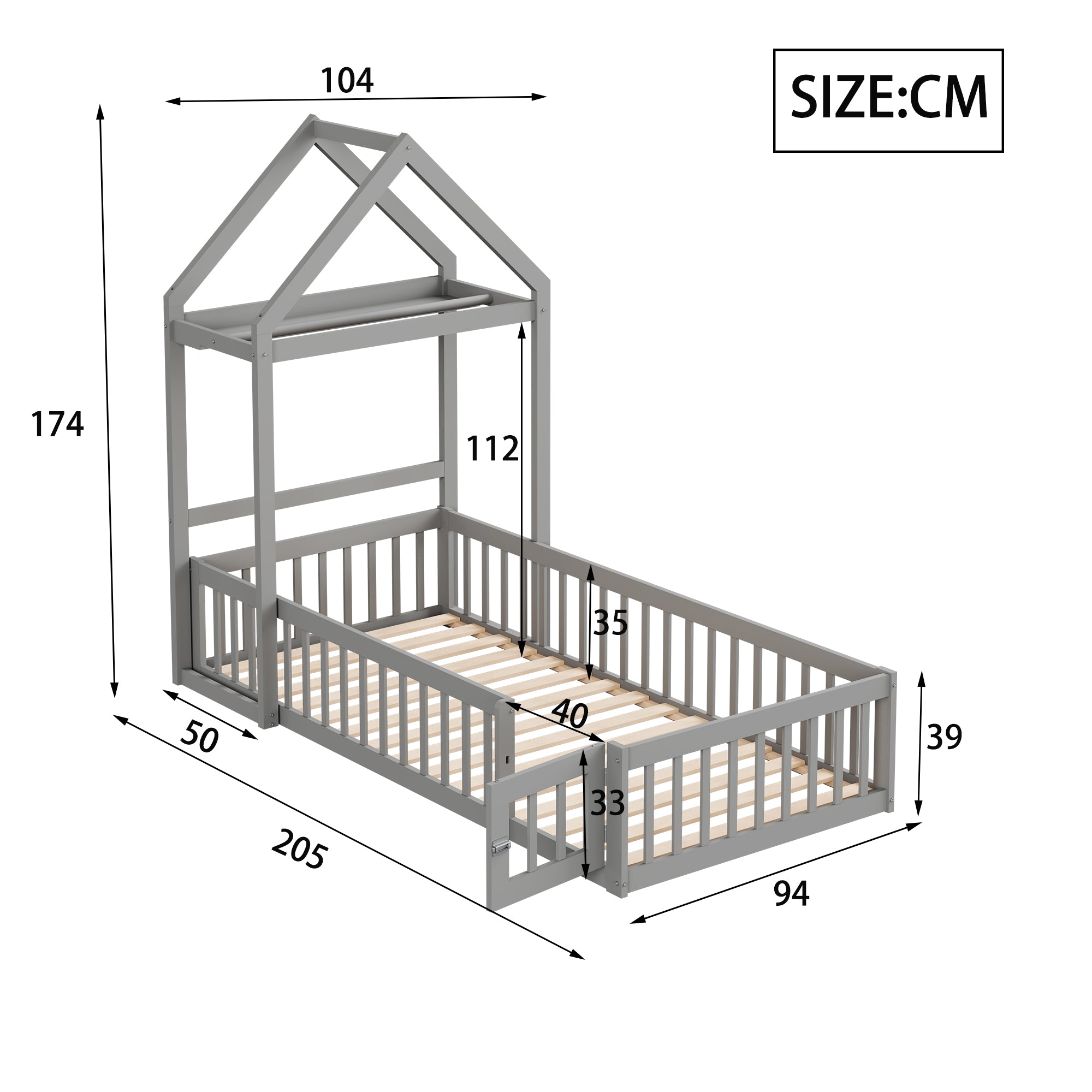 Children's Bed Frame 90x200cm, Solid Wood with Storage & Safety Gate, Grey