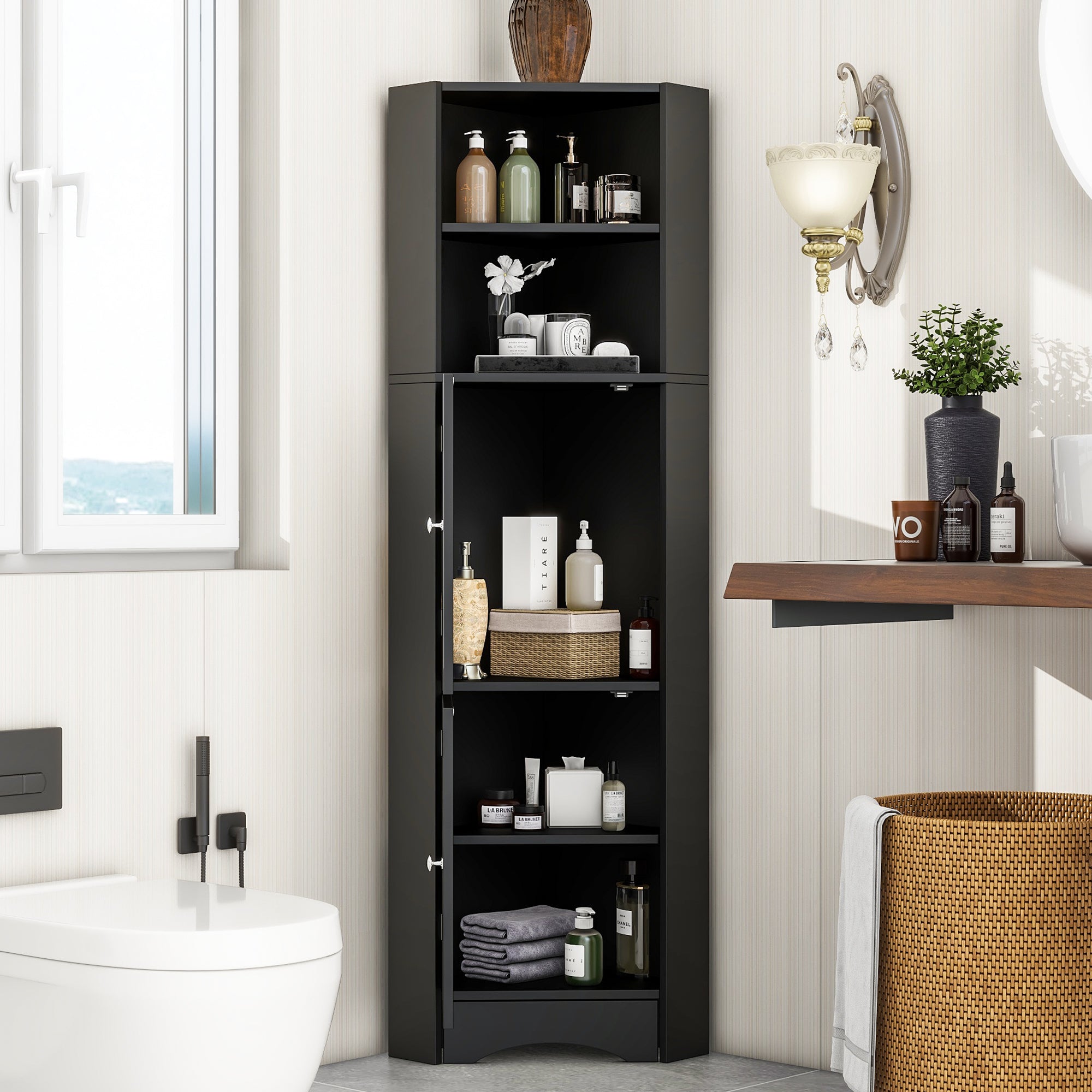 Bathroom Corner Cabinet with 2 Storage, Open & Adjustable Shelf, Black