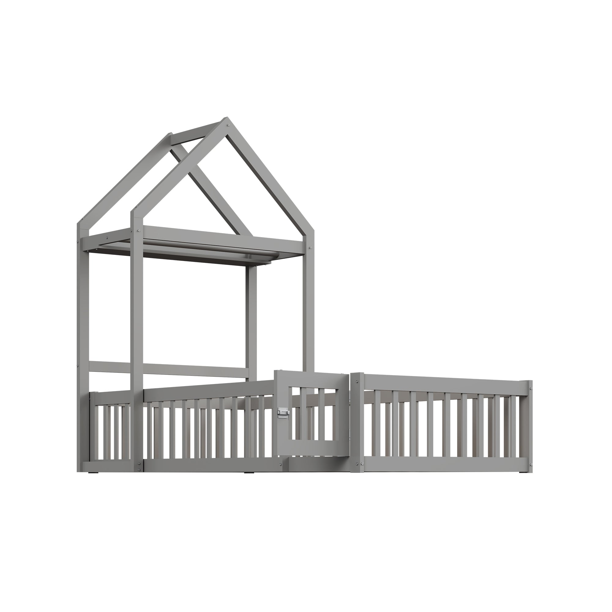 Children's Bed Frame 90x200cm, Solid Wood with Storage & Safety Gate, Grey