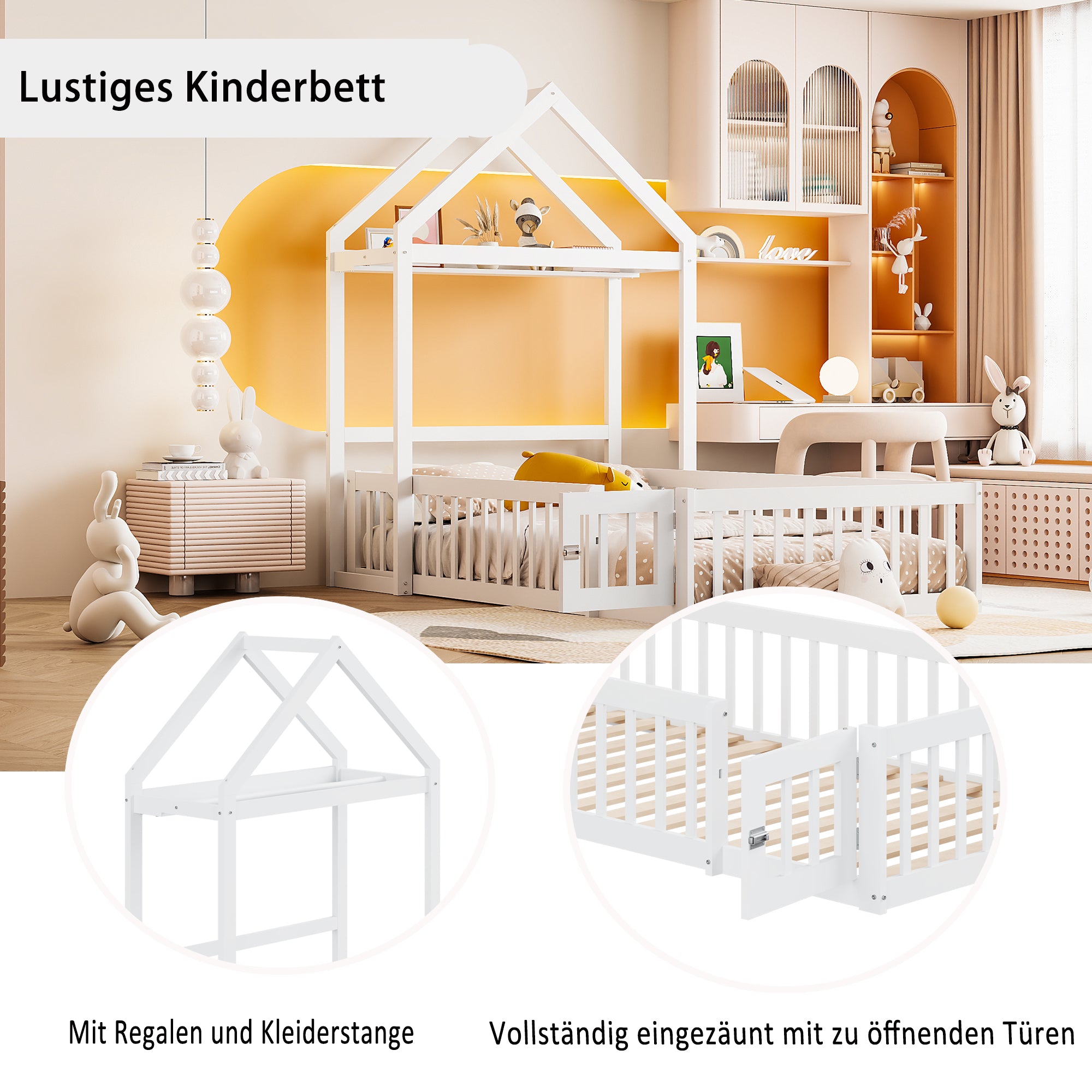 Children's Bed 90x200, Solid Wood Frame with Storage, Full Safety Gate & Slatted Frame, White