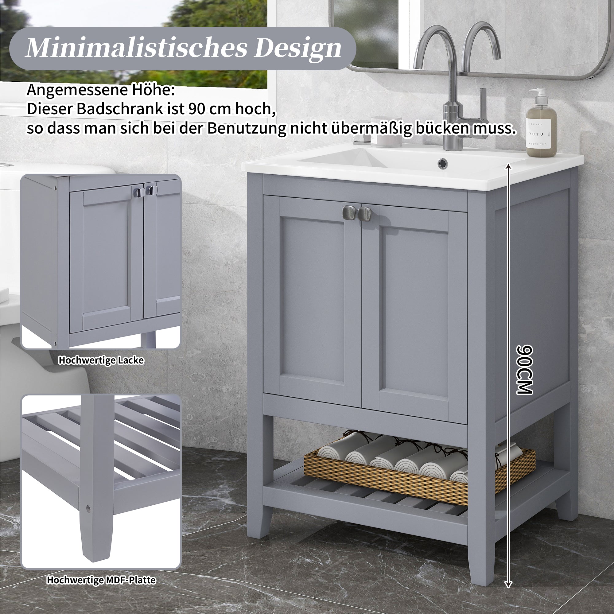 Bathroom Vanity Unit Base Cabinet 60cm Ceramic Washbasin Light Grey