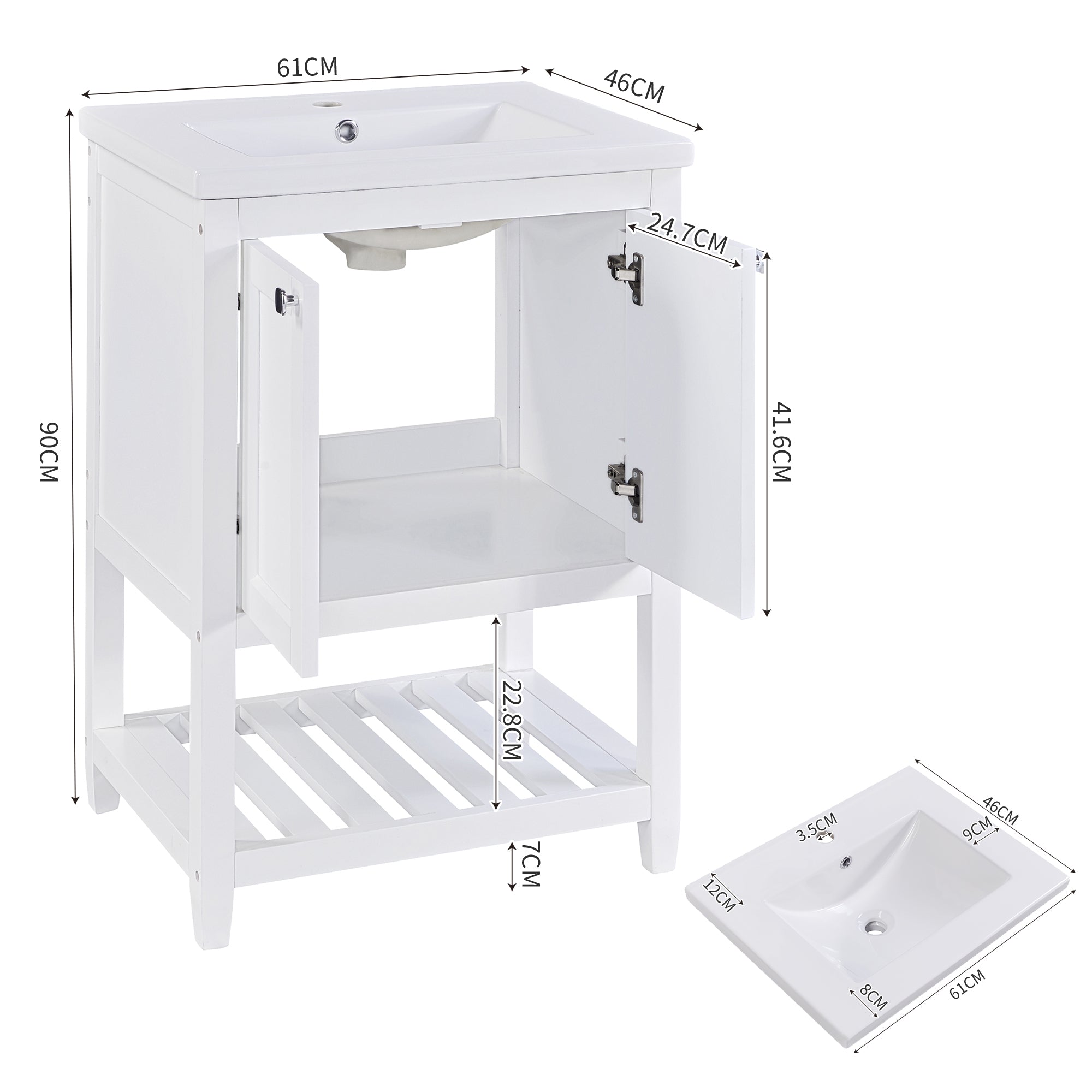 Single Vanity Unit 60cm Base Cabinet with Ceramic Washbasin White
