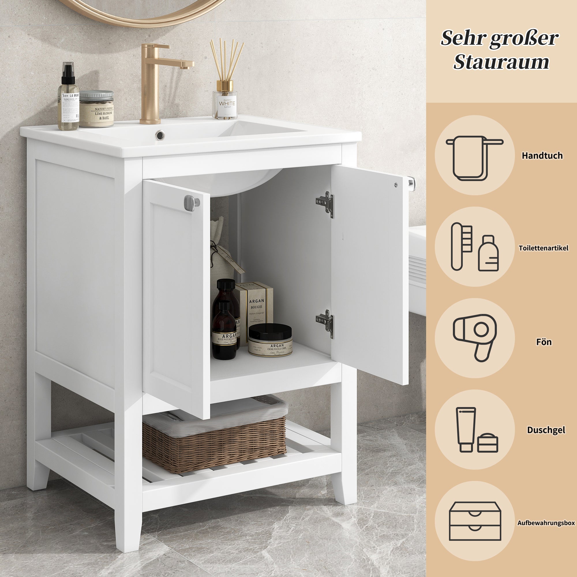 Bathroom Vanity Unit with Base Cabinet 60cm, Ceramic Washbasin, White
