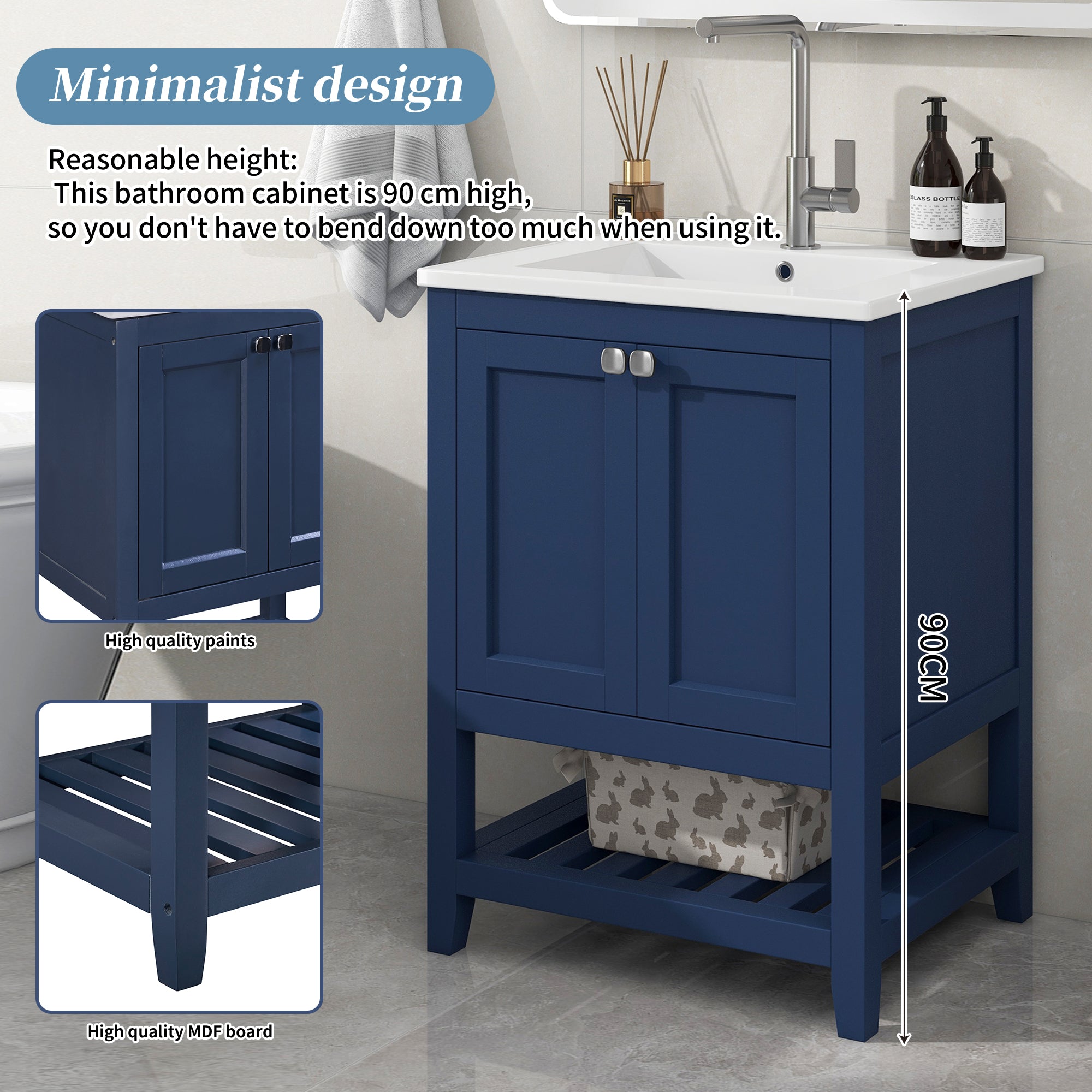 Bathroom Vanity Unit with Base Cabinet 60cm Ceramic Washbasin, Blue