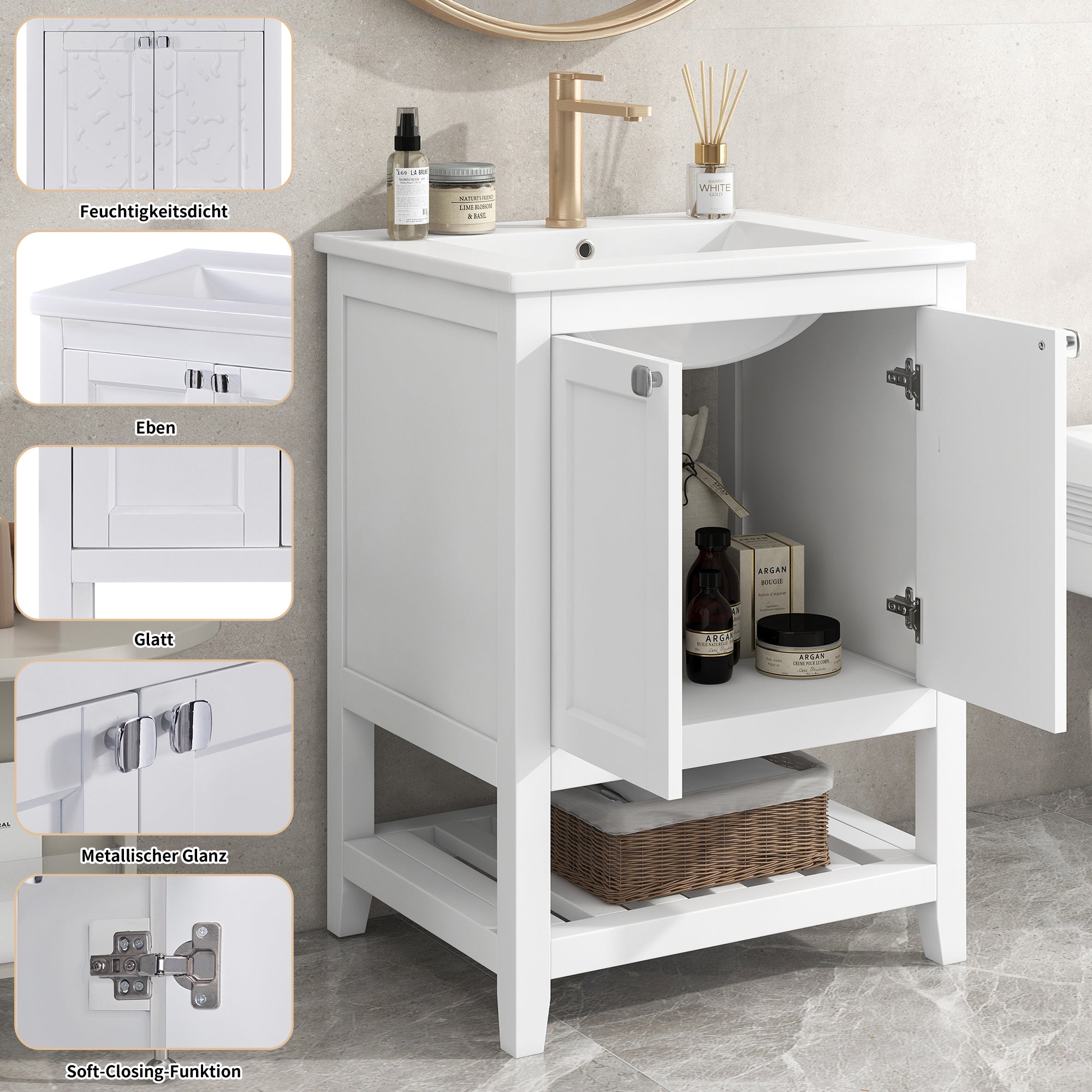 Single Vanity Unit 60cm Base Cabinet with Ceramic Washbasin White