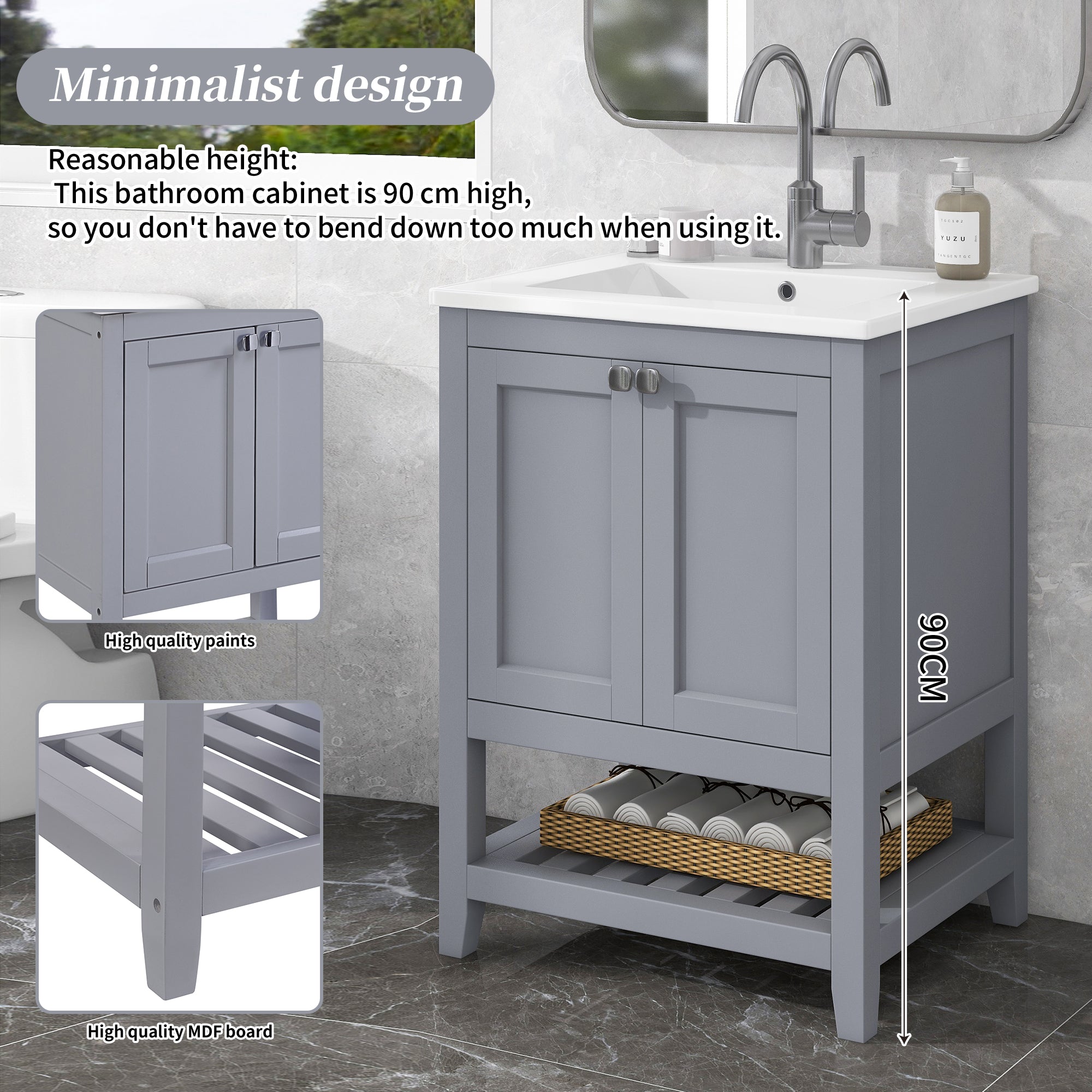 Bathroom Vanity Unit, 60cm Base Cabinet & Ceramic Washbasin, Light Grey