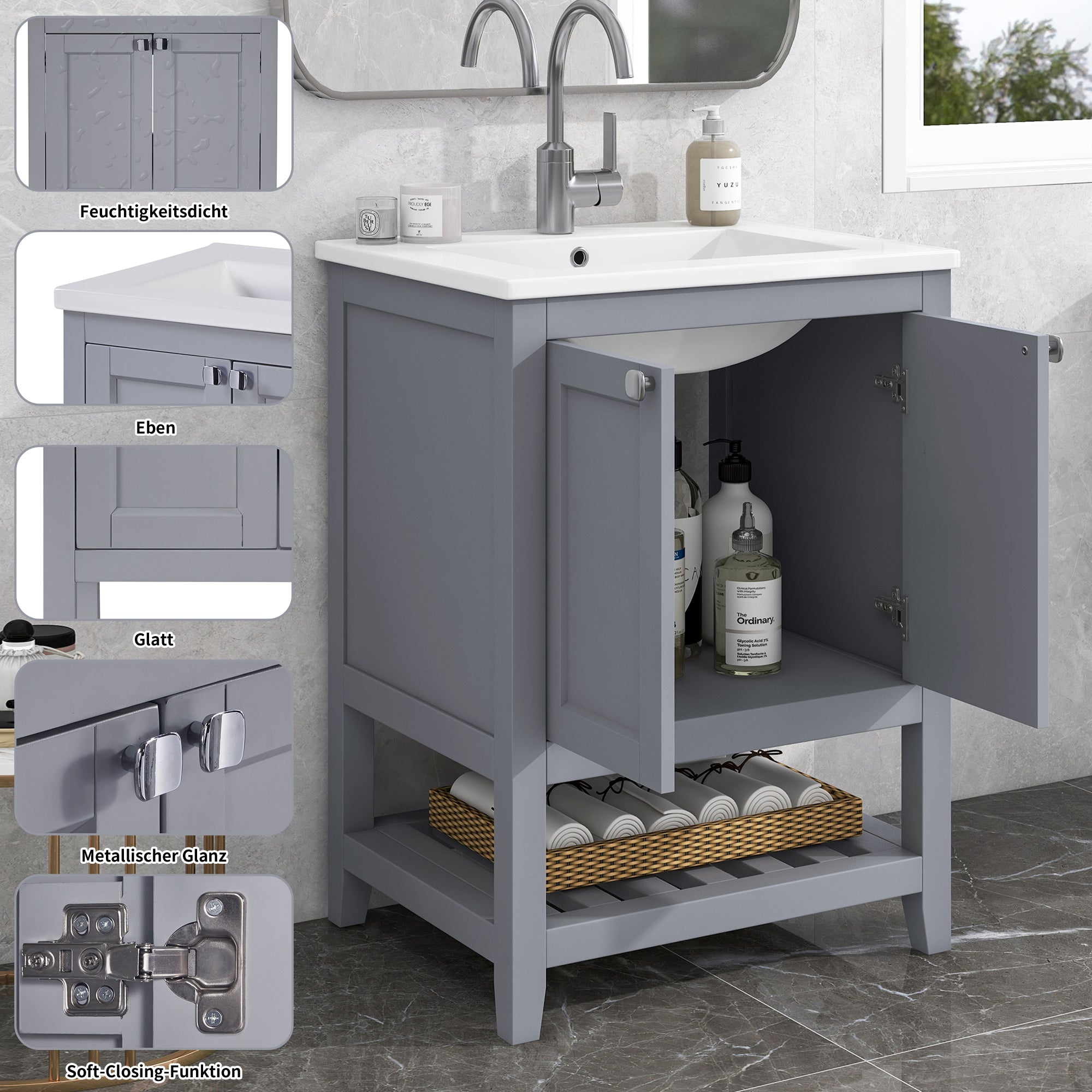 Bathroom Vanity Unit Base Cabinet 60cm Ceramic Washbasin Light Grey