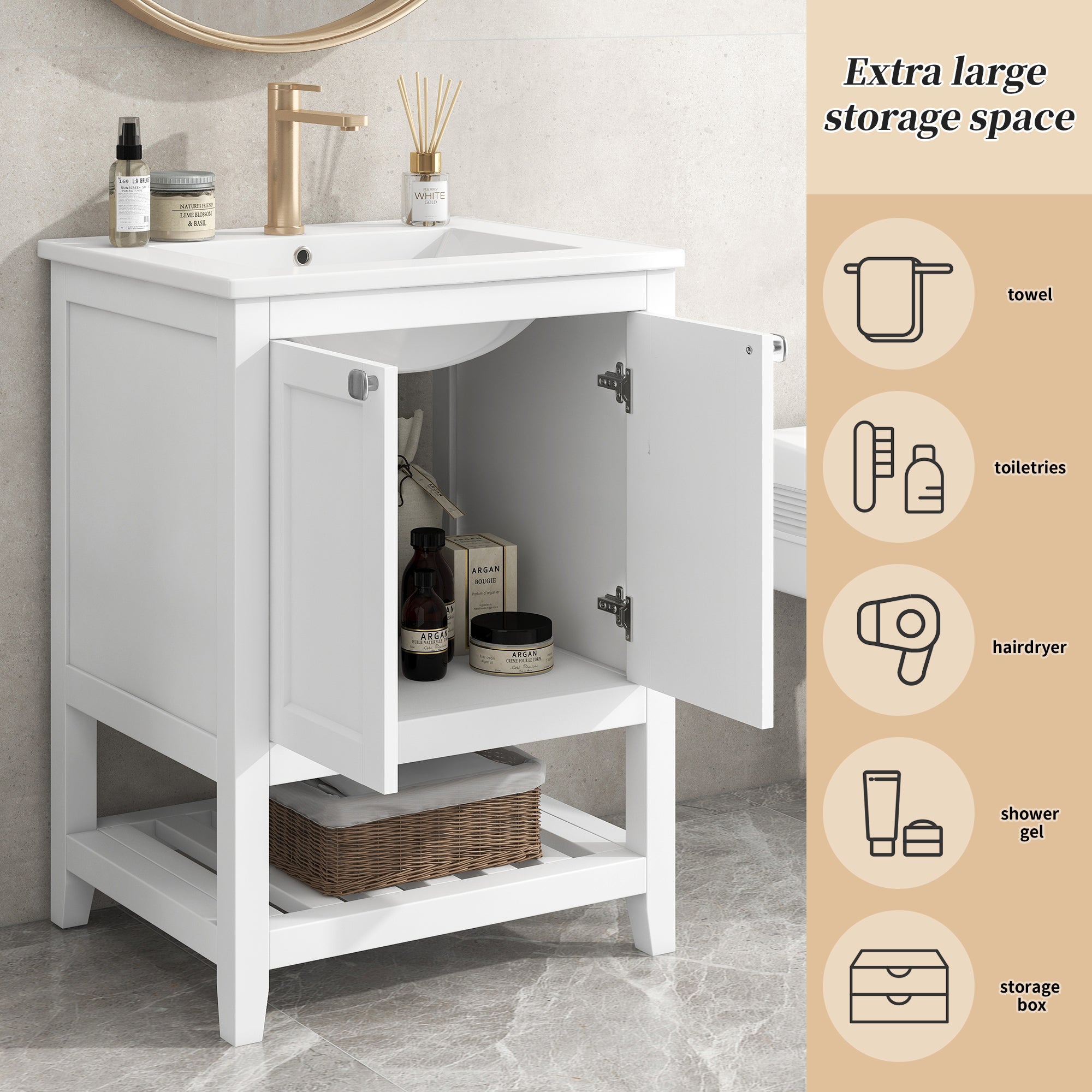 Single Vanity Unit 60cm Base Cabinet with Ceramic Washbasin White