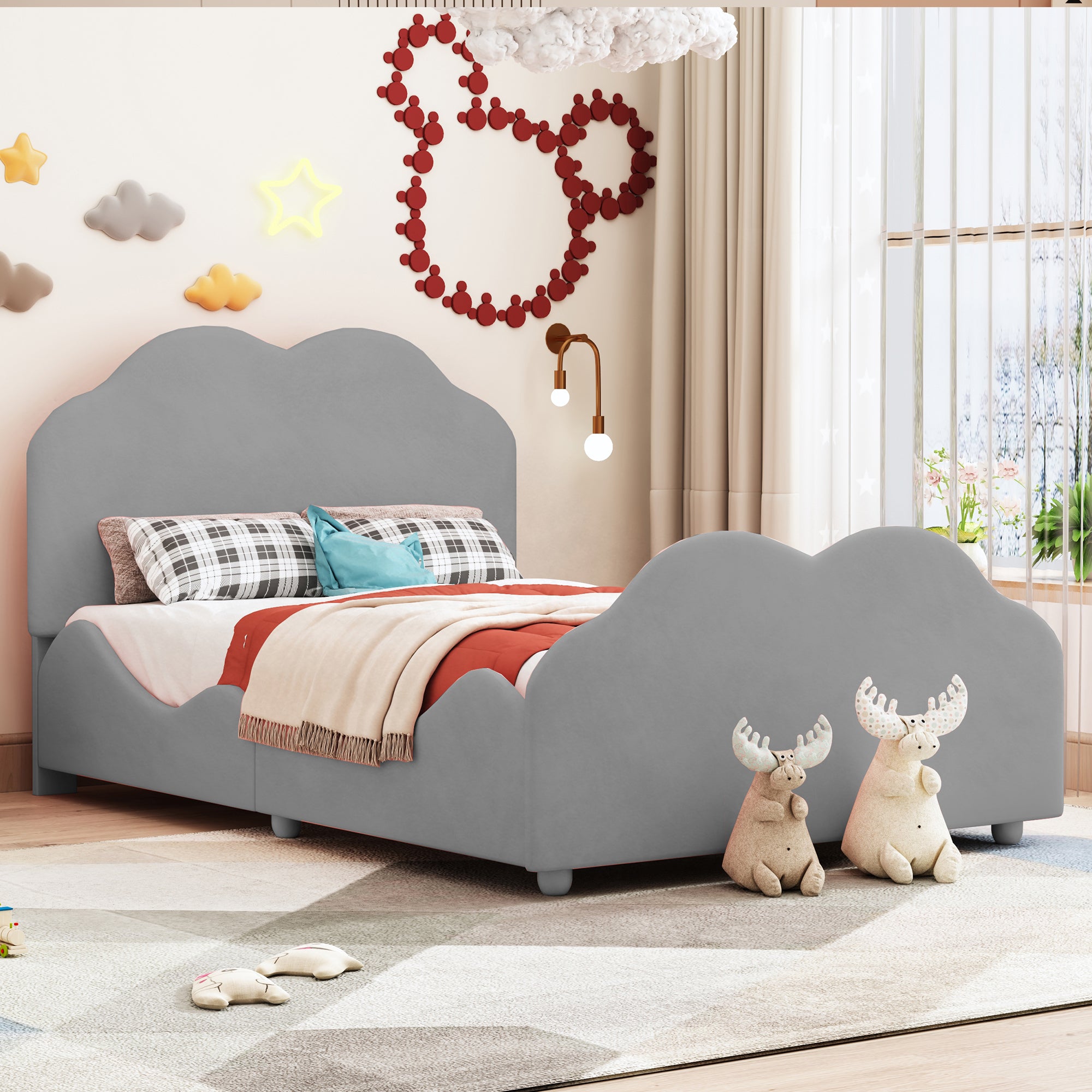Children's Upholstered Bed, 90x200cm, High Railing, Cloud Head/Footboard, Gray Velvet