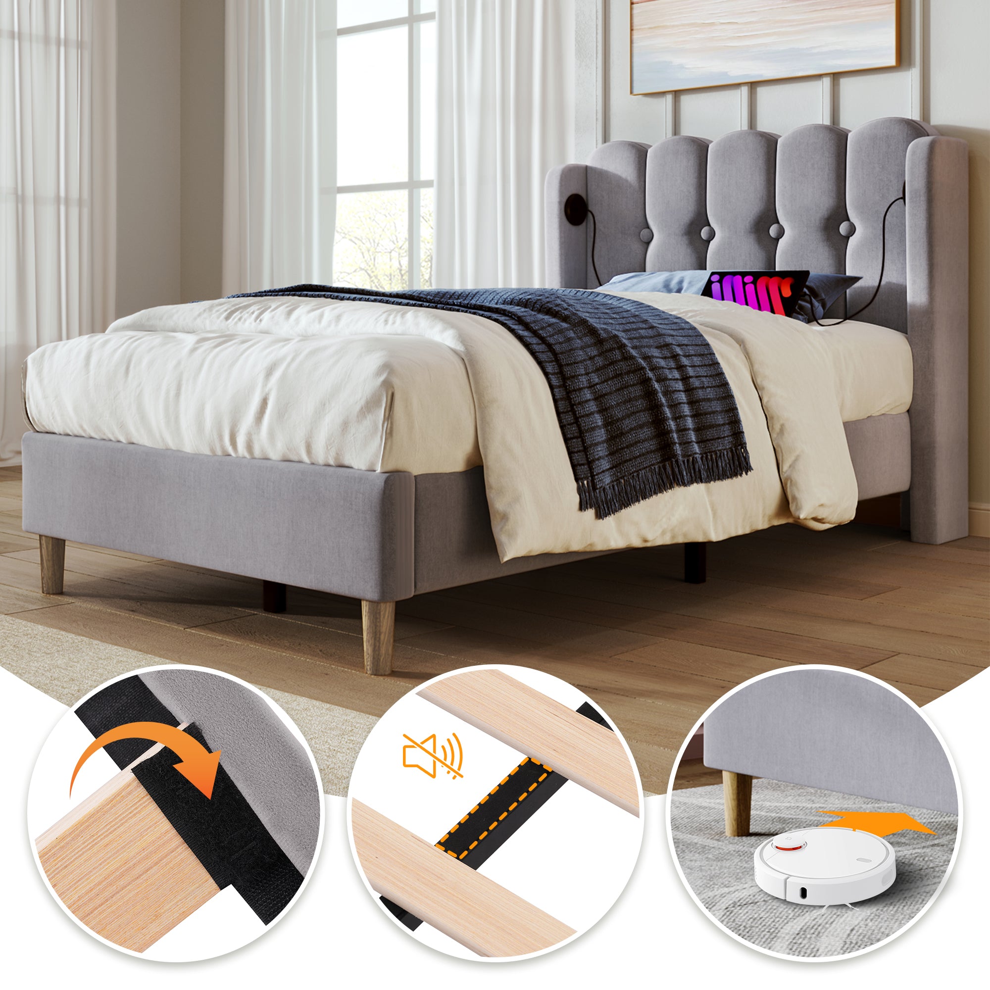 Upholstered Single Bed, USB Type C Charging, Slatted Frame, Gray Linen