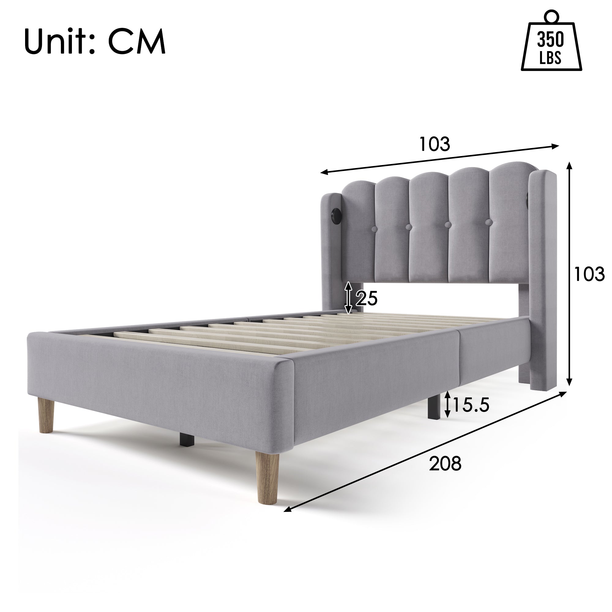 Upholstered Single Bed, USB Type C Charging, Slatted Frame, Gray Linen
