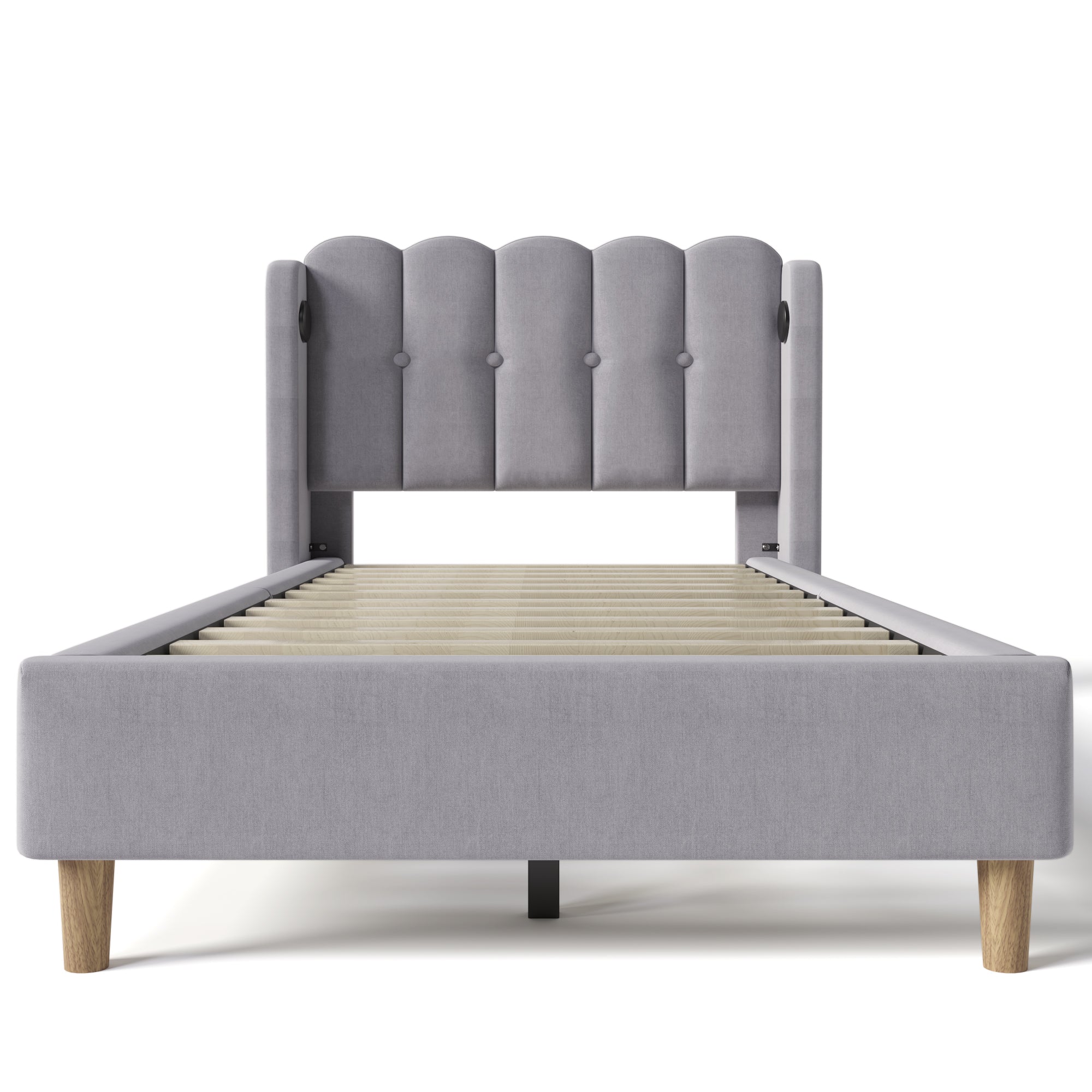 Upholstered Single Bed, USB Type C Charging, Slatted Frame, Gray Linen
