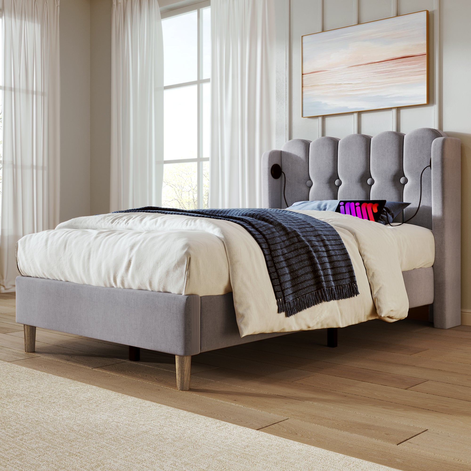 Upholstered Single Bed, USB Type C Charging, Slatted Frame, Gray Linen