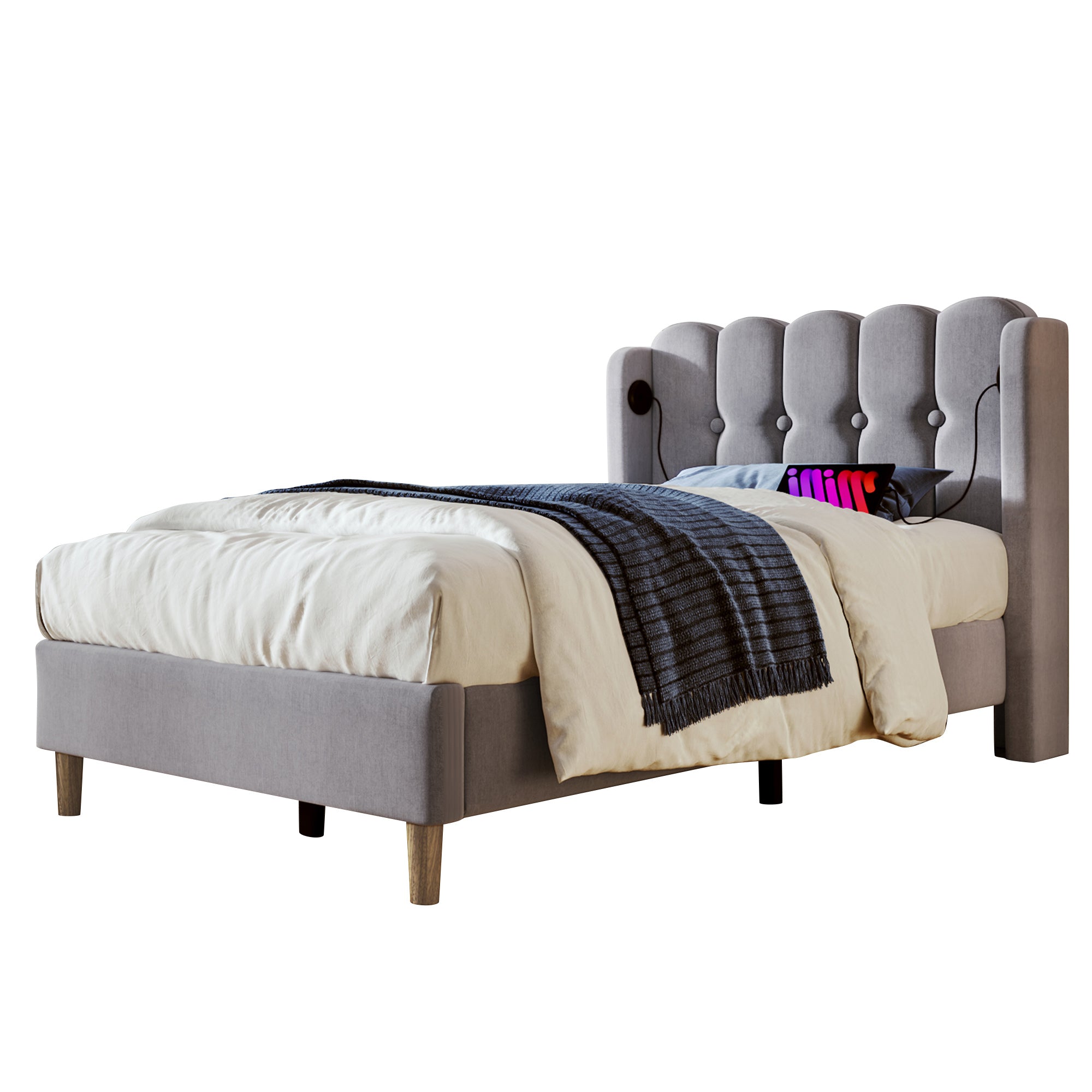 Upholstered Single Bed, USB Type C Charging, Slatted Frame, Gray Linen