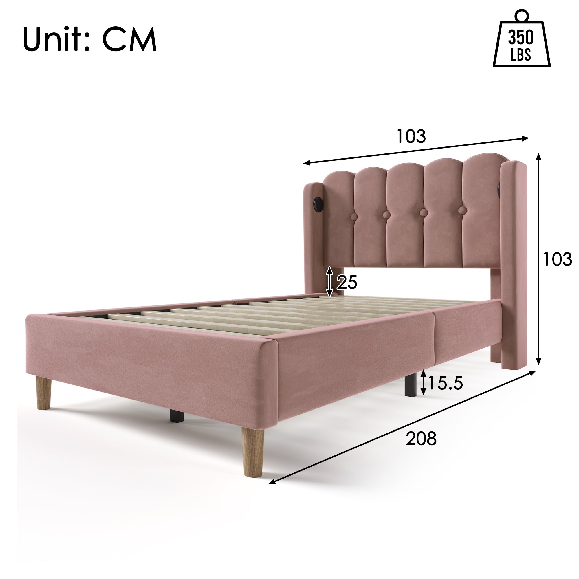 Upholstered Single Bed, USB-C Charging, Pink Velvet