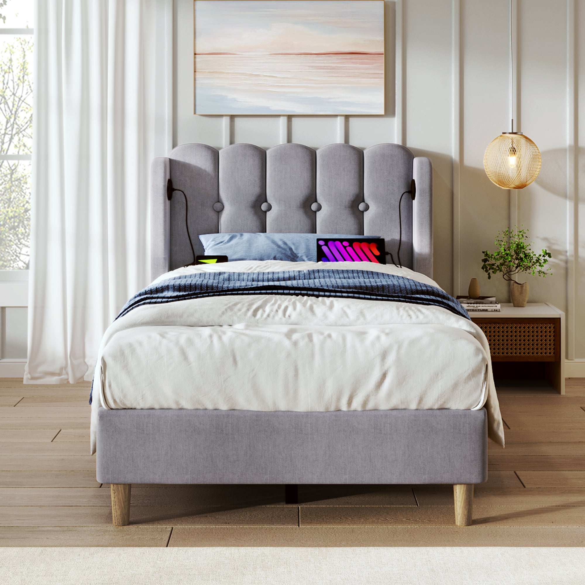 Upholstered Single Bed, USB Type C Charging, Slatted Frame, Gray Linen