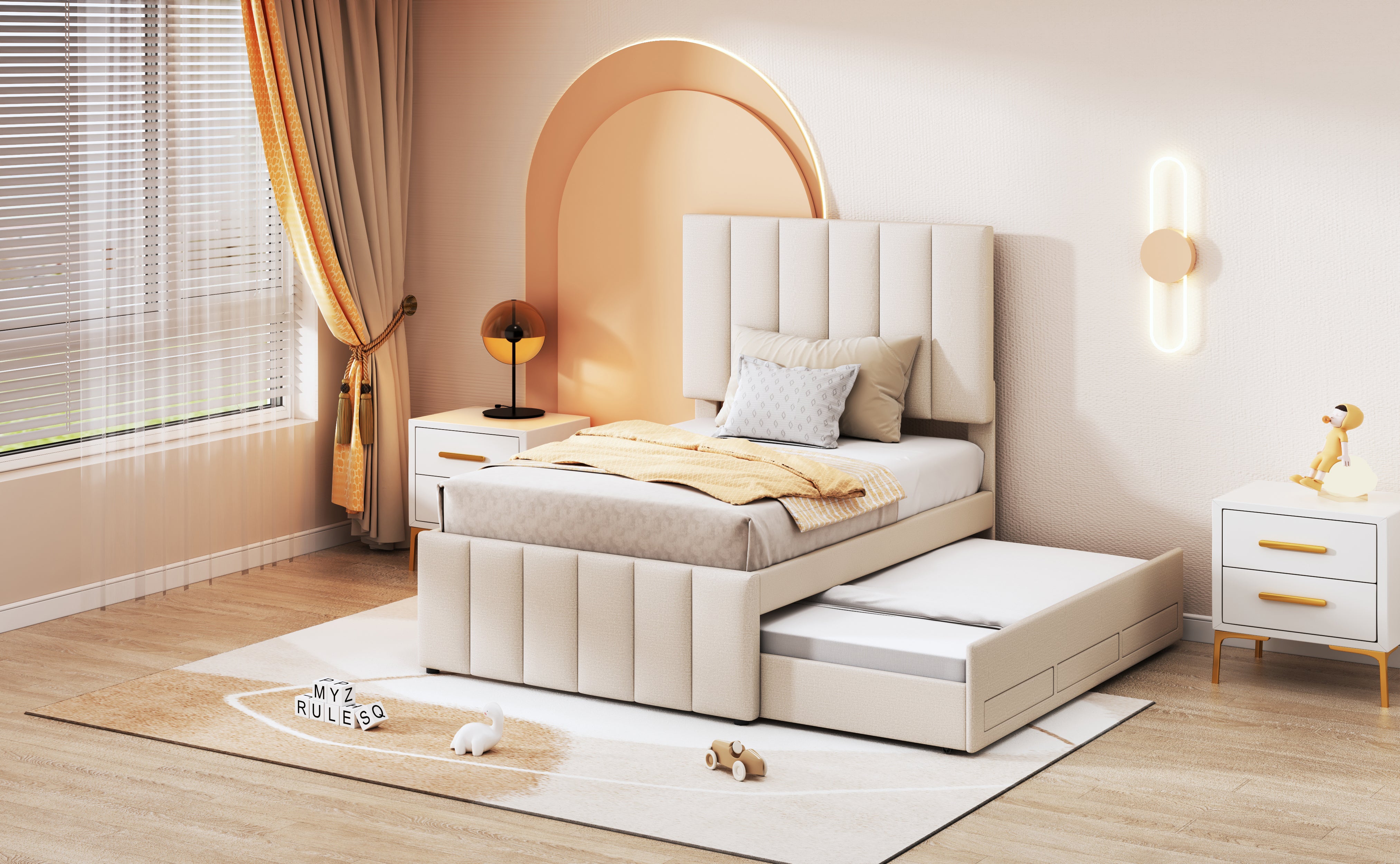 Upholstered Bed 90x200cm, Trundle & Storage, Linen Beige