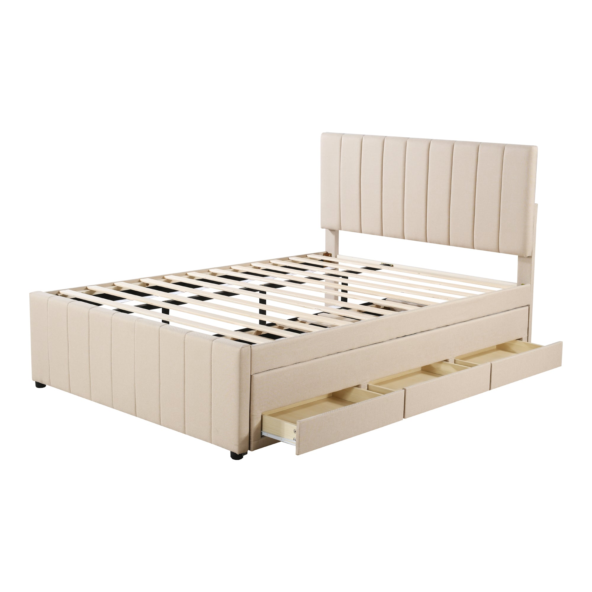 Upholstered Bed, 140x200cm Pull-Out with Drawers, Linen Beige