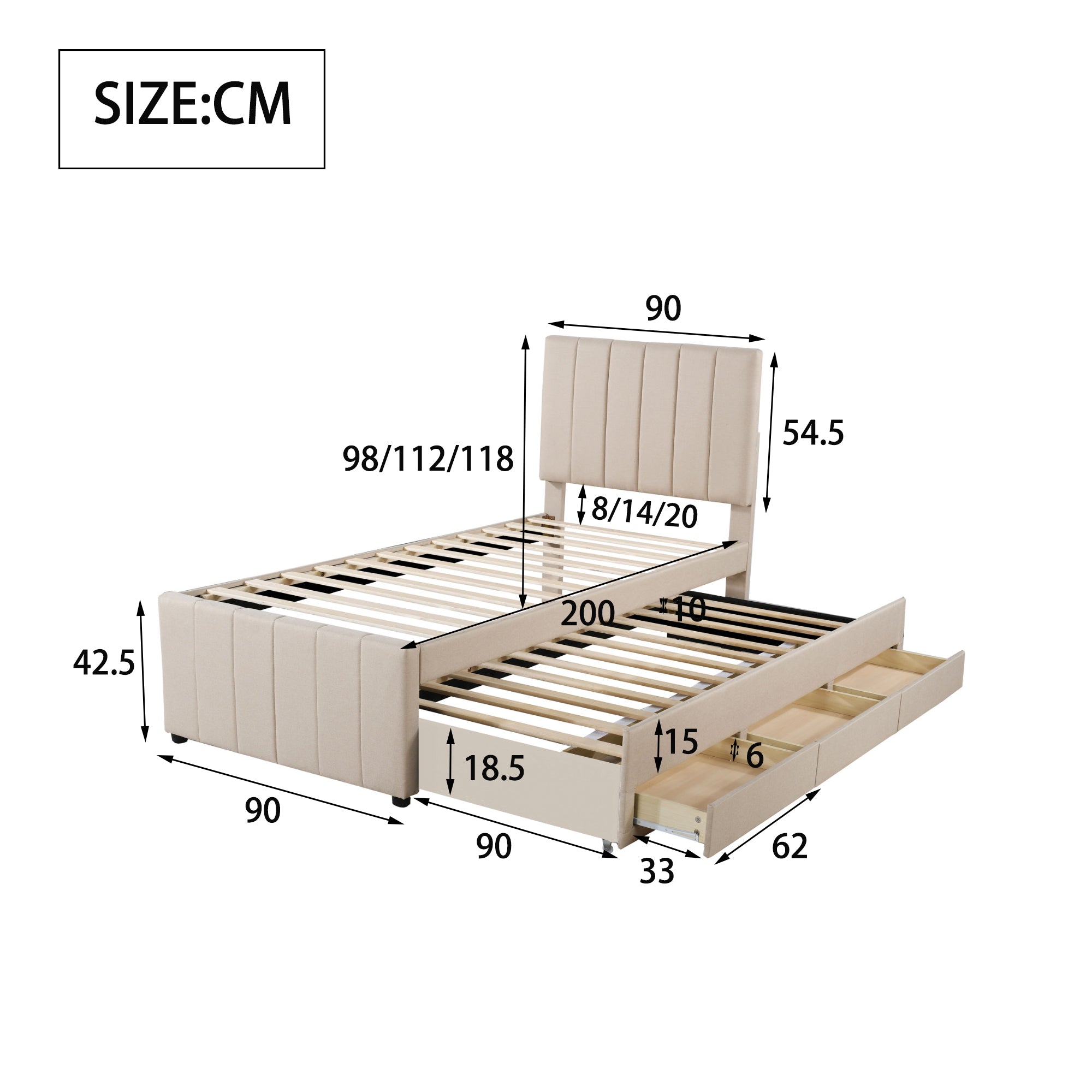 Upholstered Bed 90x200cm, Trundle & Storage, Linen Beige