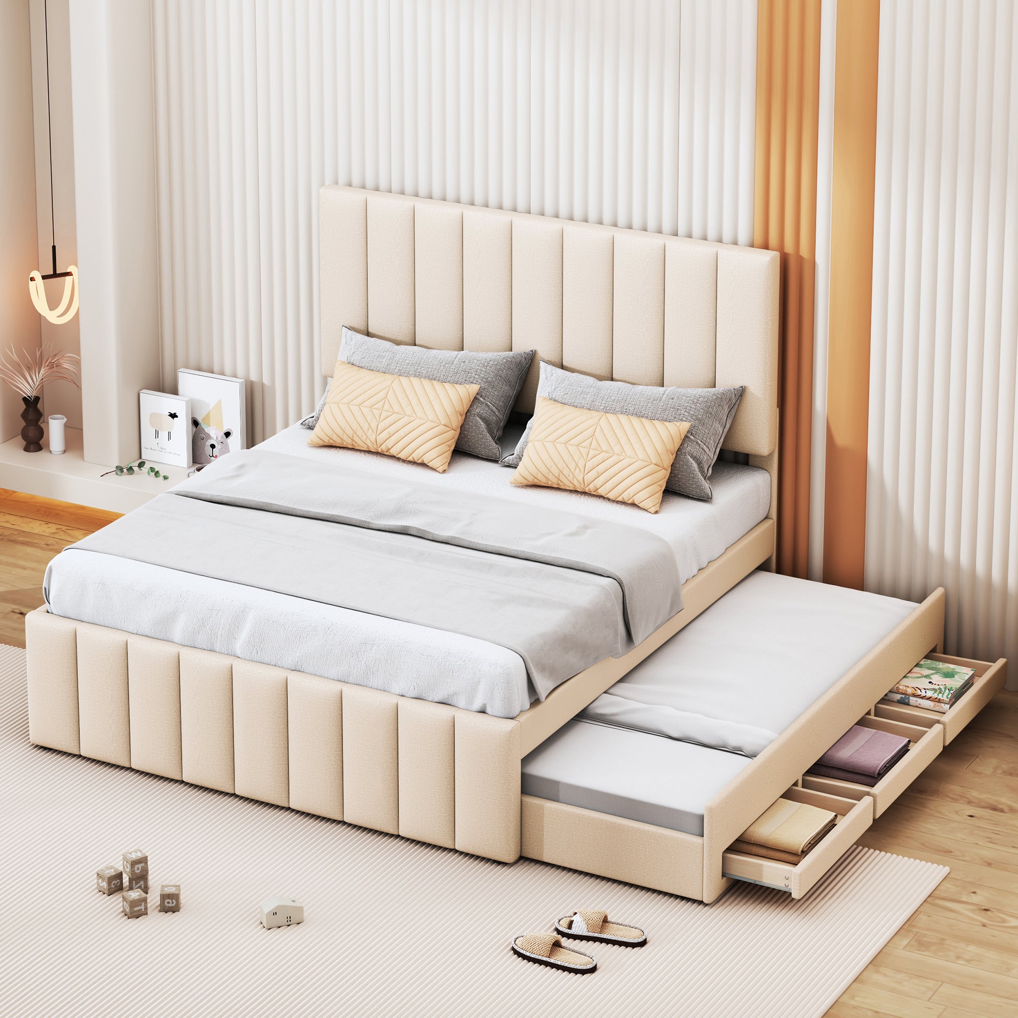 Upholstered Bed, 140x200cm Pull-Out with Drawers, Linen Beige