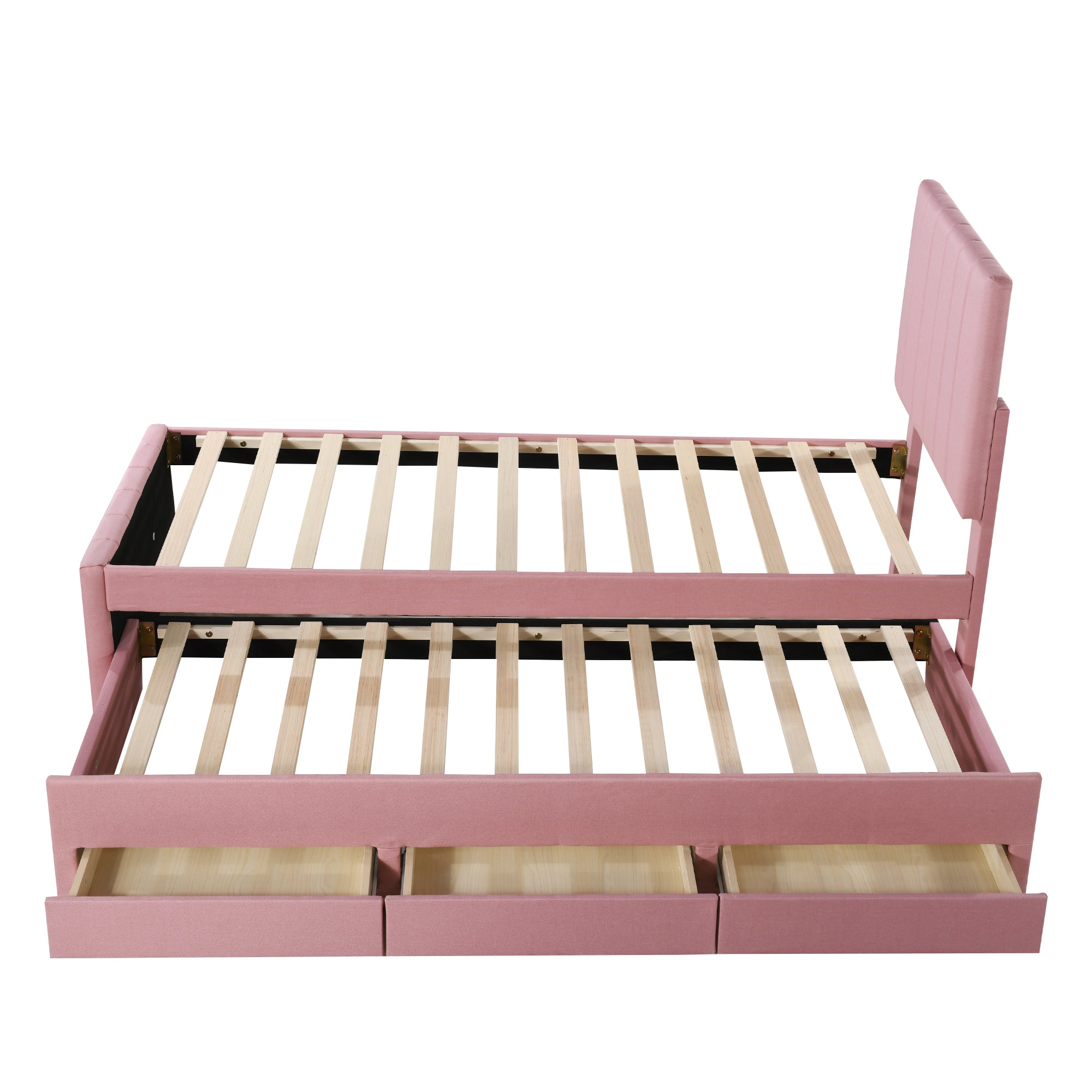 Upholstered Bed 90x200cm, Trundle & Storage, Linen (Pink)