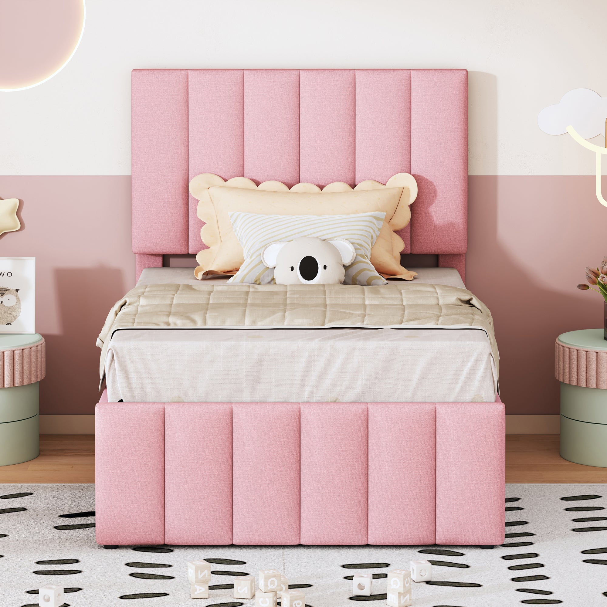 Upholstered Bed 90x200cm, Trundle & Storage, Linen (Pink)