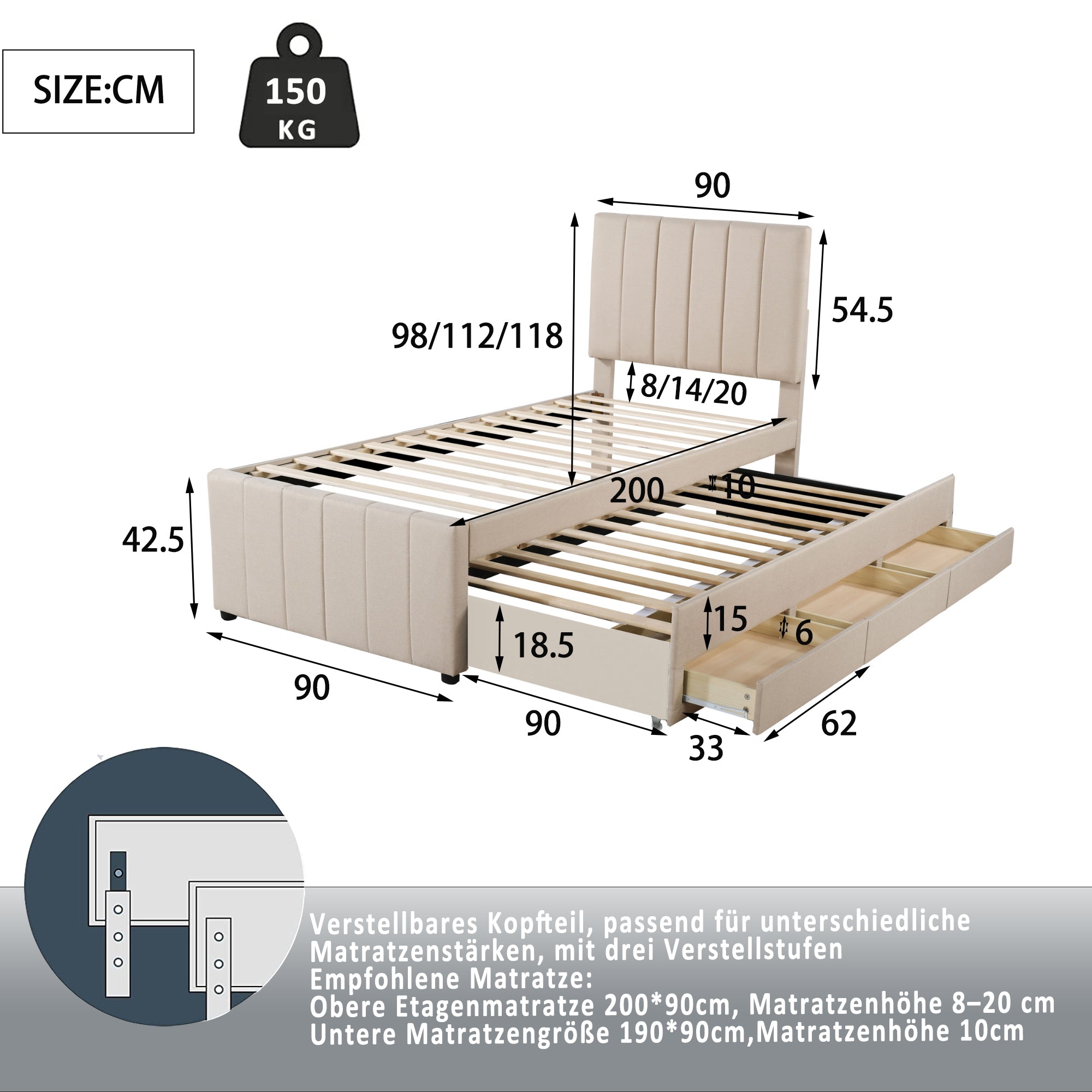 Upholstered Bed 90x200cm, Trundle & Storage, Linen Beige