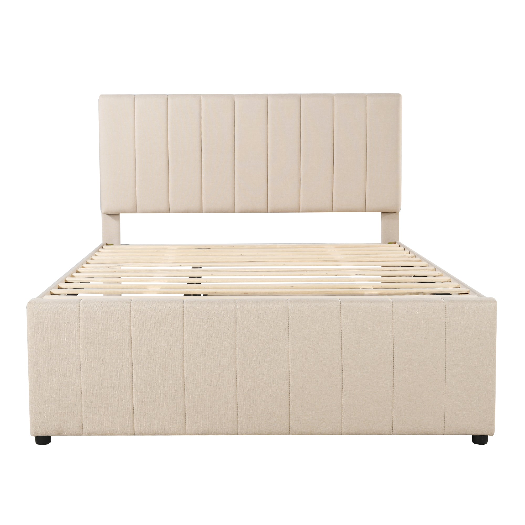 Upholstered Bed, 140x200cm Pull-Out with Drawers, Linen Beige