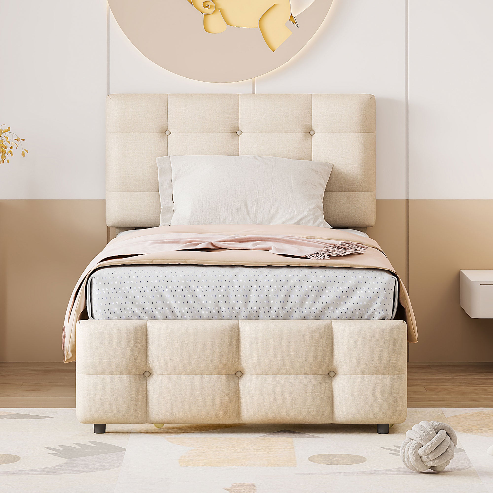 Upholstered Bed, 90x200cm Pull-Out Kids Bed with Adjustable Headboard, Linen Upholstery, Beige